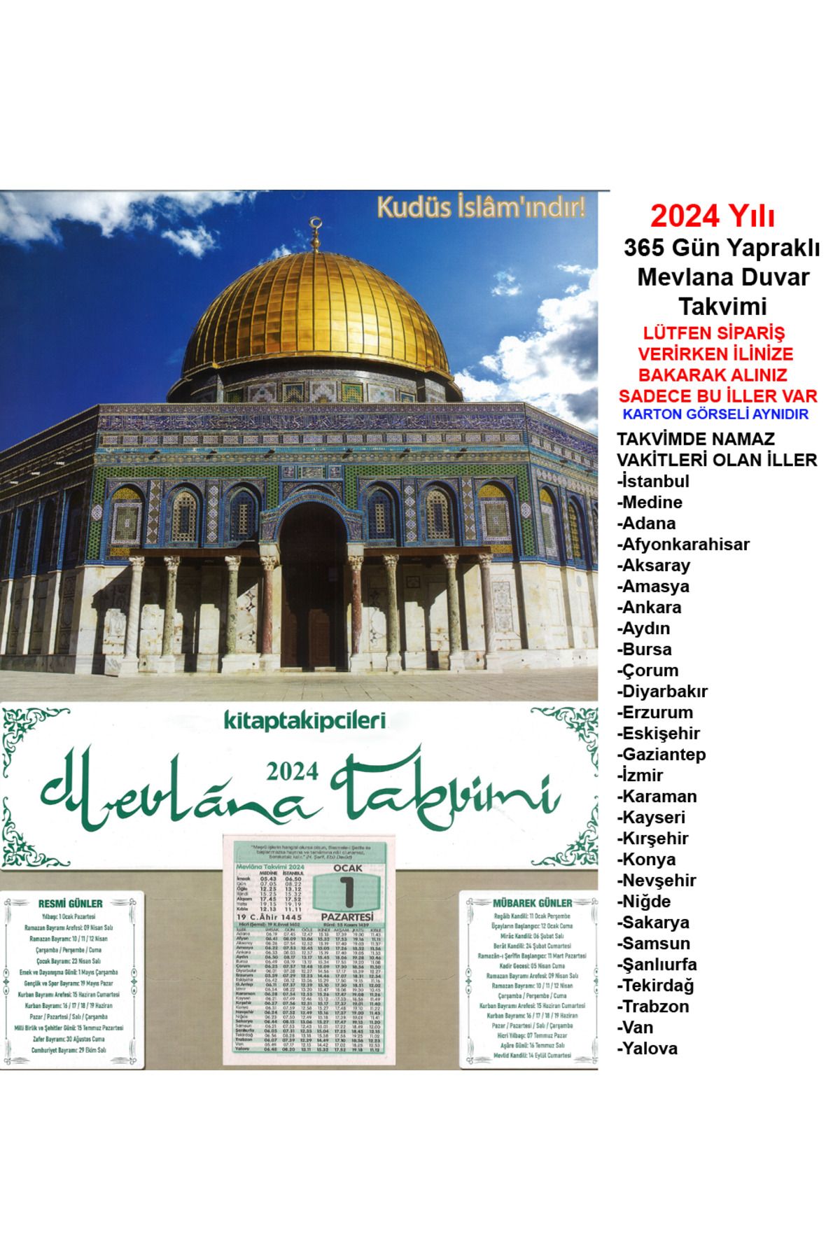 Elif Kitabevi 2024 Yılı Mevlana Takvimi Dini 365 Gün Yapraklı Duvar Mescidi Aksa Kudüs Manzaralı Muhafazalı Kargo