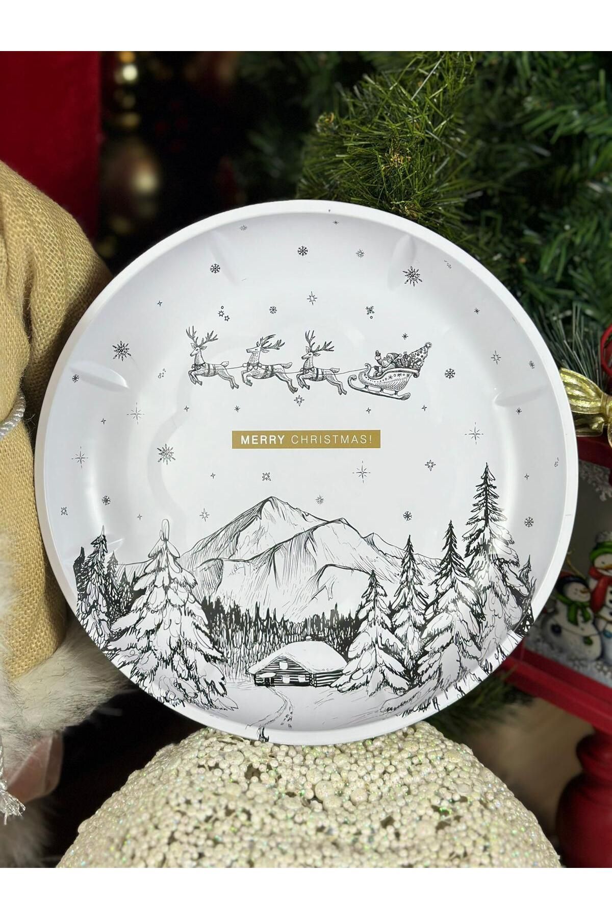 QUEEN AKSESUAR İthal metal büyük yuvarlak tepsi karlı yılbaşı ev ağaç geyik desenli tabak sunum hediyelik christmas