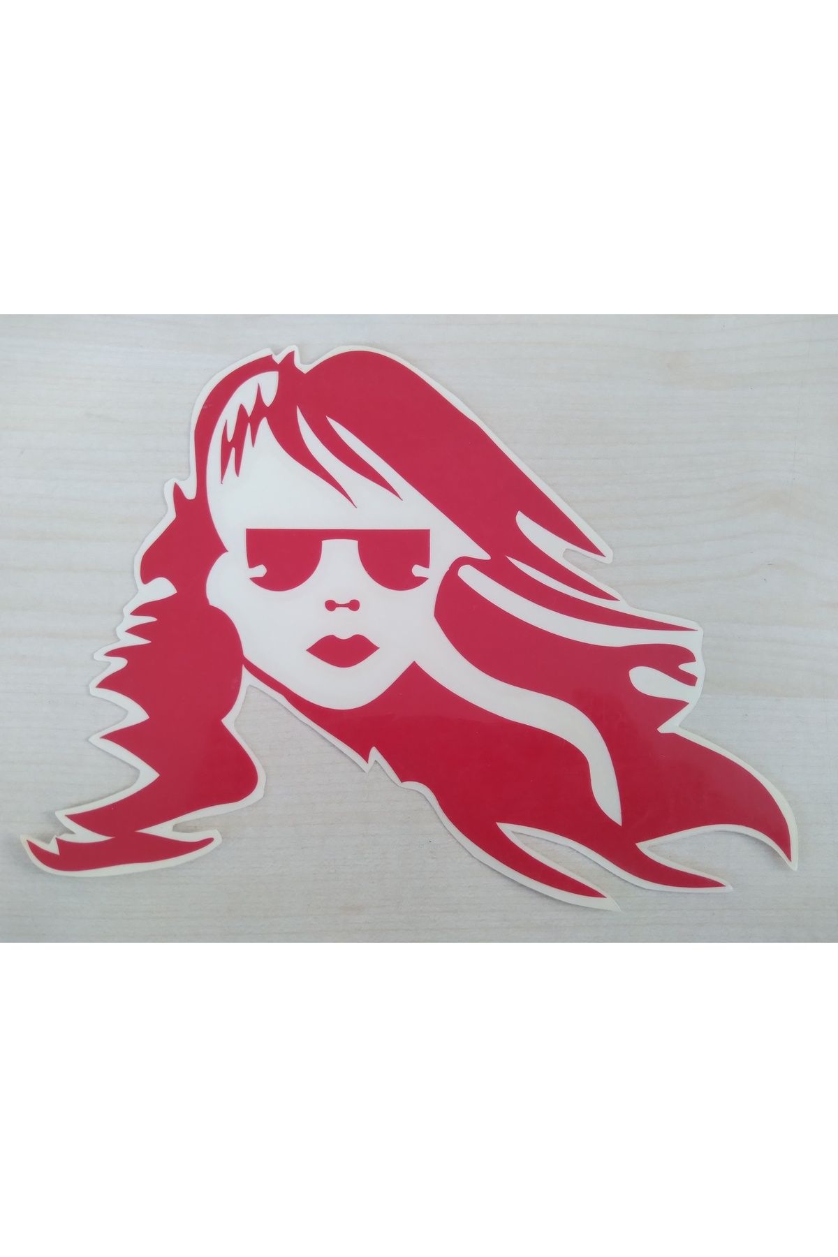 Yerli Uzun Saçlı Kız Sticker (kırmızı) 18x13cm Gözlüklü Kız Etiketi - Uzun Saçlı Kız Çıkartması