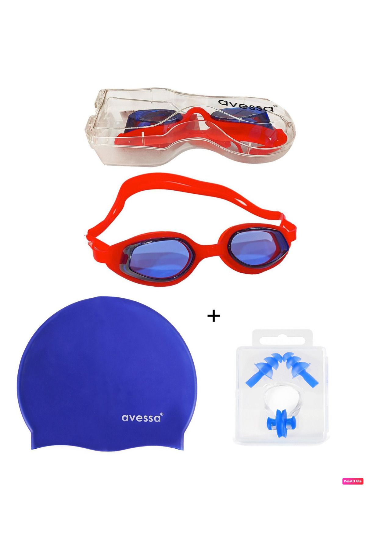 Avessa GS-7 3'lü Yetişkin Unisex Havuz Seti Yüzücü Deniz Havuz Gözlüğü + Bone + Kulak Burun Tıkacı Kırmızı
