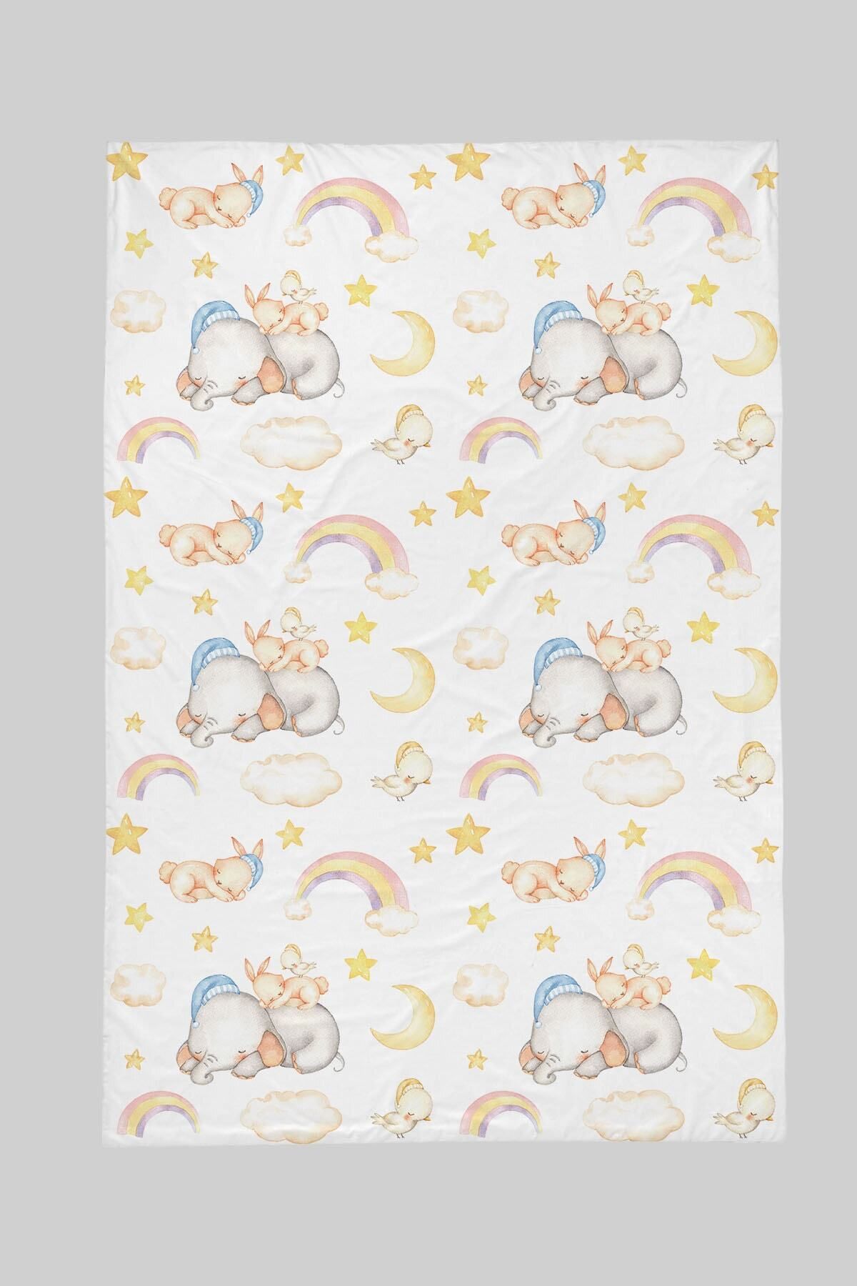 Tuğba Kuğu Baskılı Düz Çarşaf 180x240 - For Baby Serisi - Bulutta Uyuyan Mavi Bereli Fil
