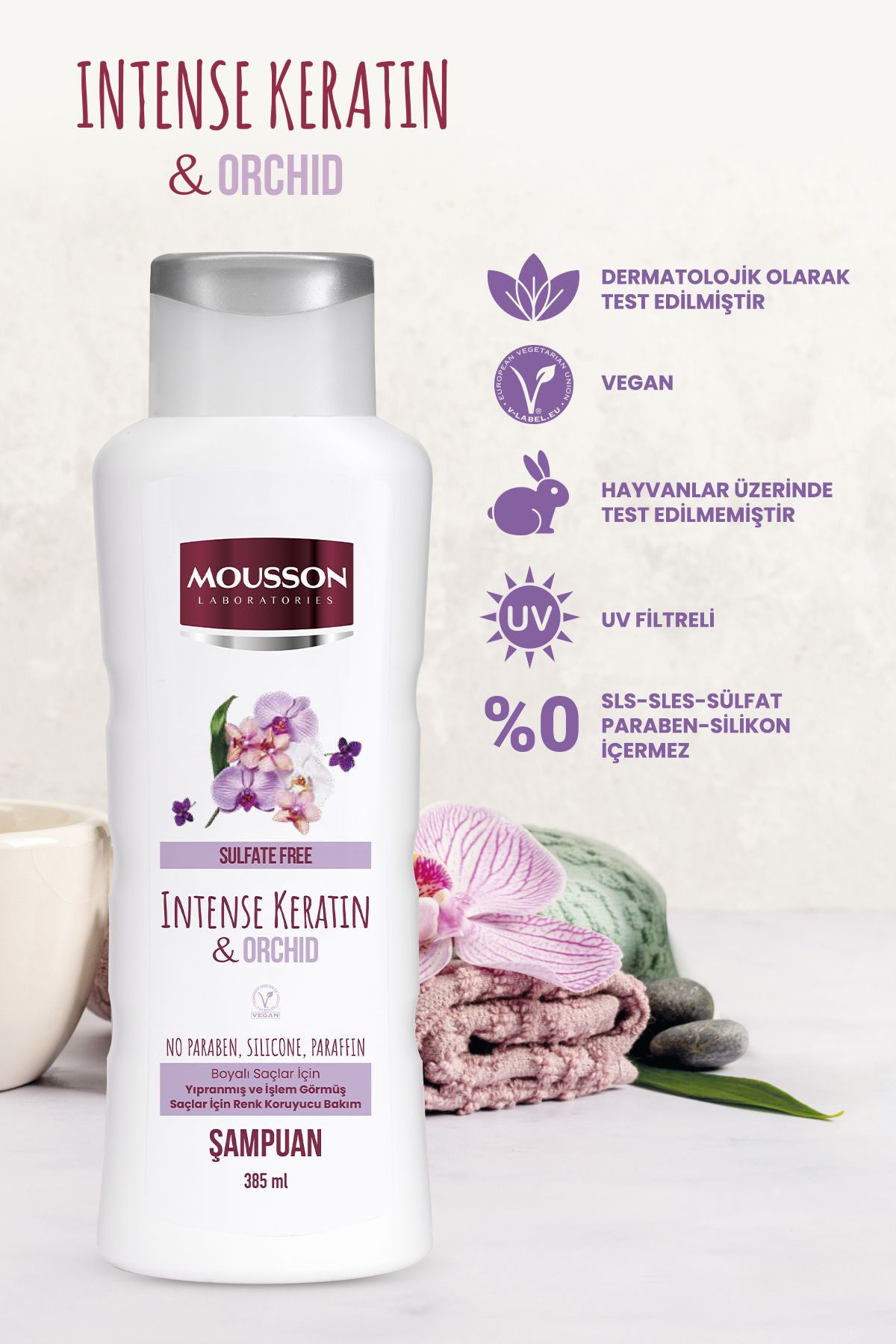 Mousson Yoğun Keratin & Orkide Içeren Renk Koruyucu Ve Yıpranmayı Onaran Sülfatsız Şampuan 385 ml