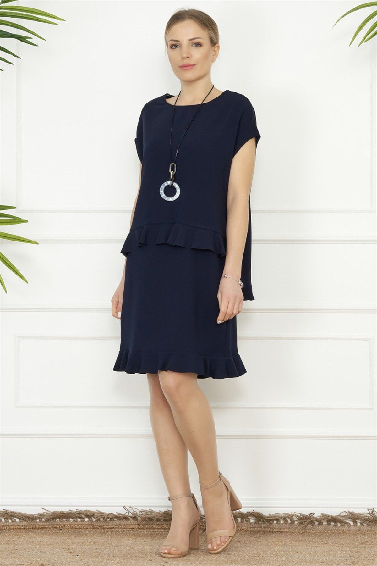 Miss Lilium Concept Lacivert Etek Ucu Büzgülü Elbise- Bluz Takım