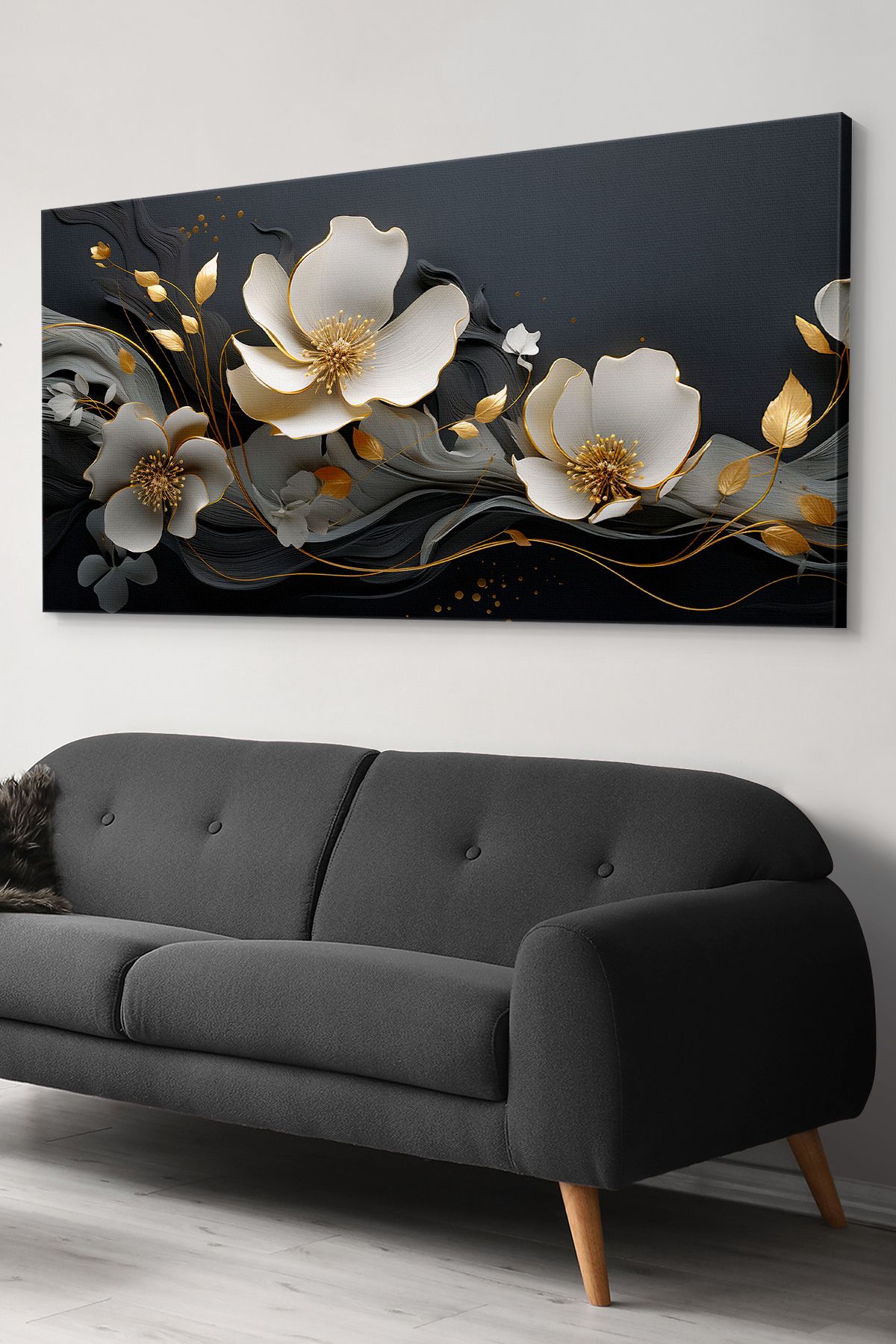 Evinemoda Çiçekler Gold Detay Tek Parça Kanvas - Canvas Tablo