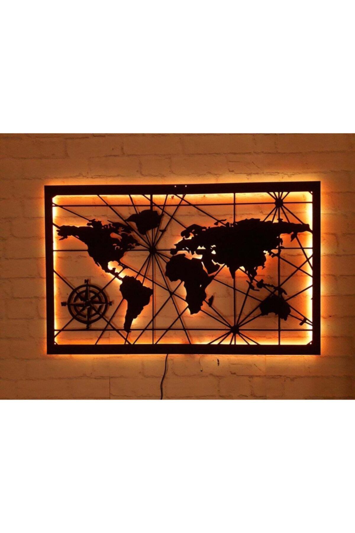 Genel Markalar Dünya Haritası Ahşap Led Işıklı Duvar Tablosu