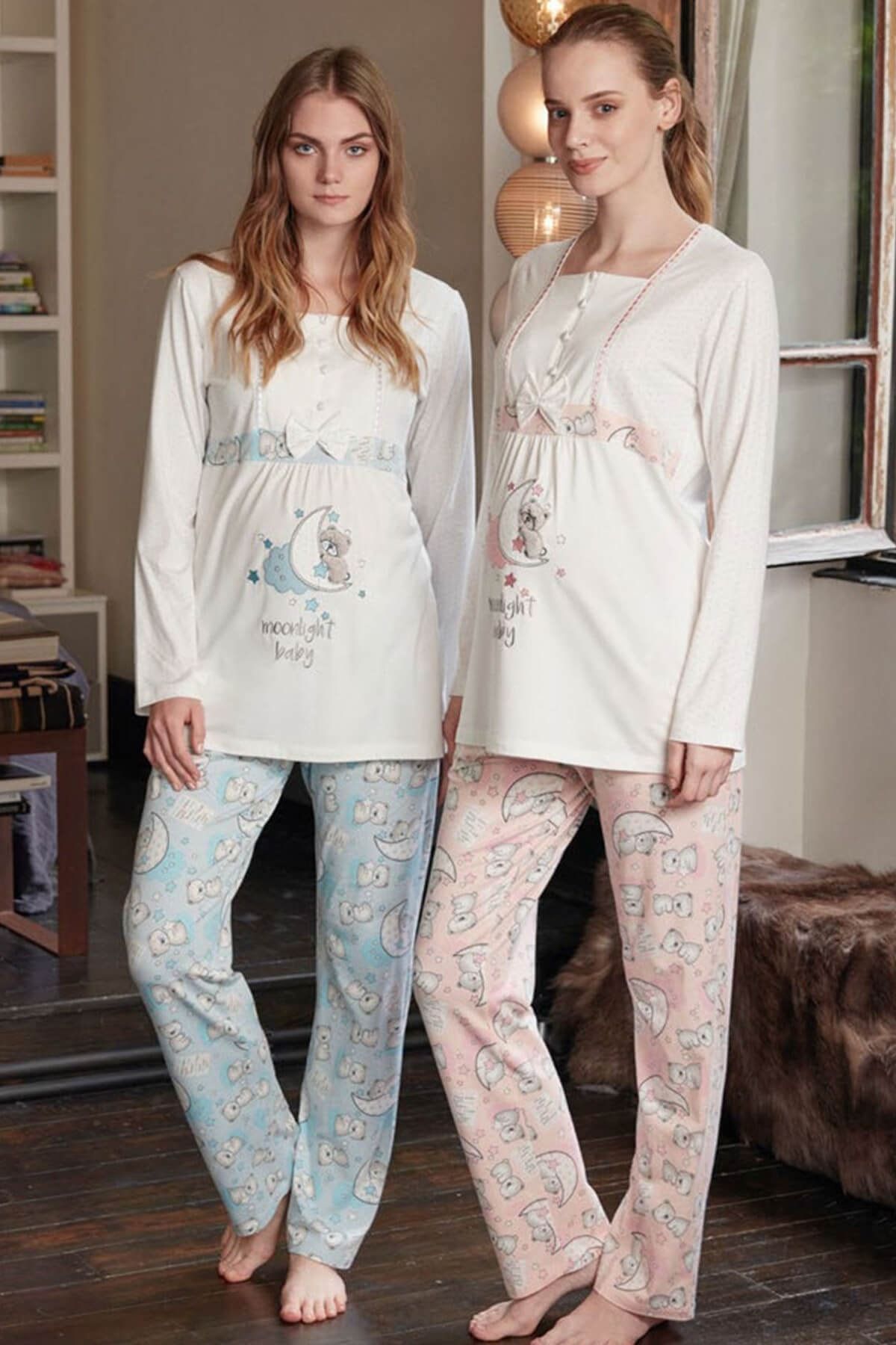 Feyza Pijama Kadın Mavi 2'li Penye Lohusa Pijama Takımı
