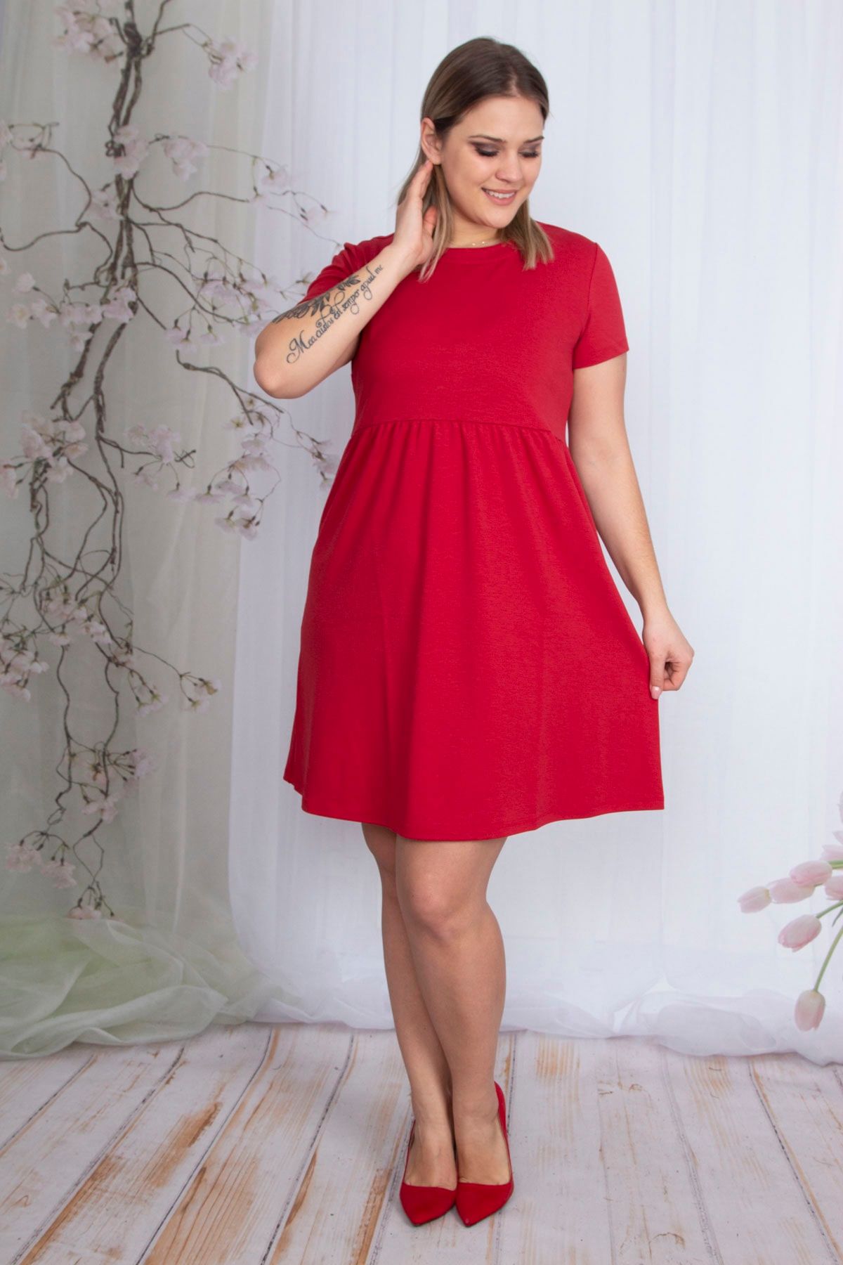 Şans Kadın Büyük Beden Kırmızı Bel Detaylı Arka Fermuarlı Elbise 65n24169