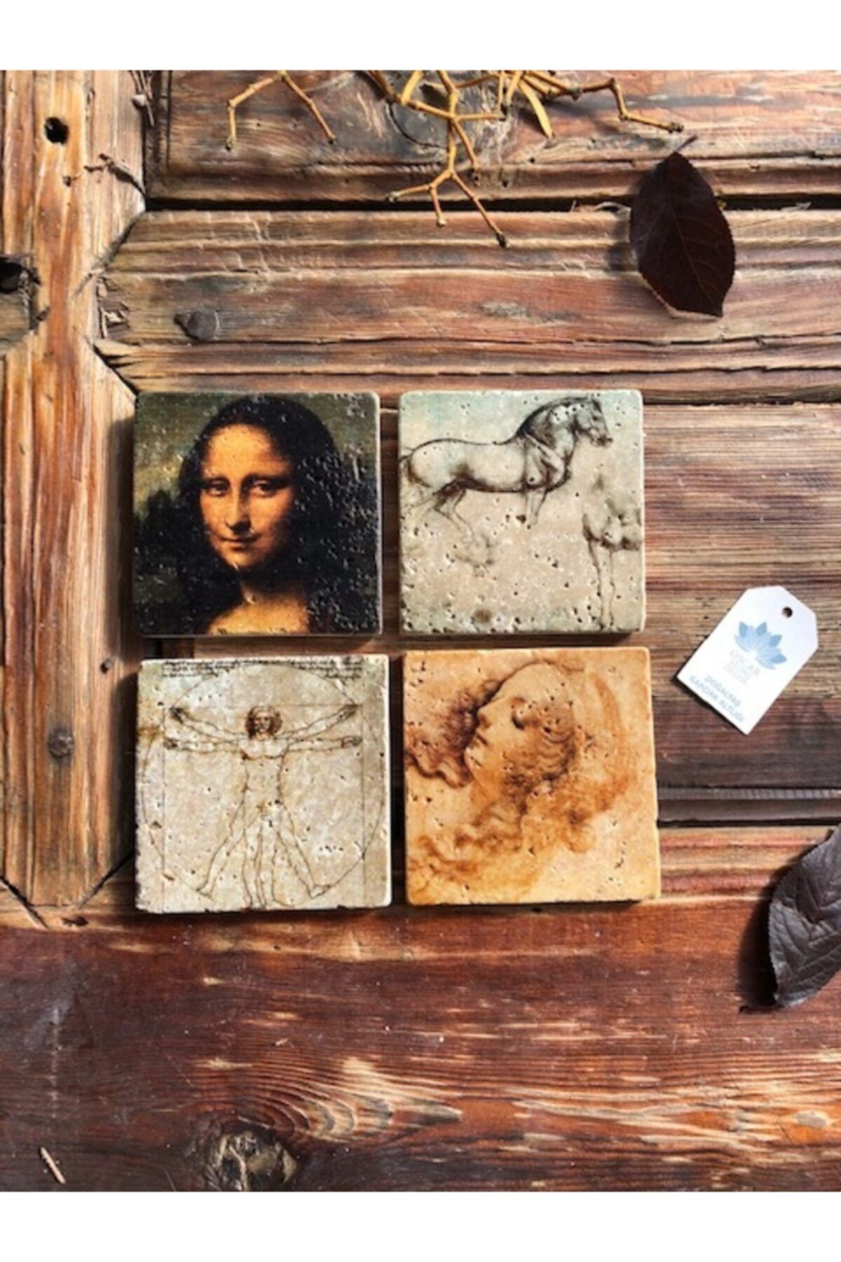 Oscar Stone Decor Taş Bardak Altlığı Stone Coasters - 4 Lü Set(10 Cmx10 Cm) Monalisa Da Vinci