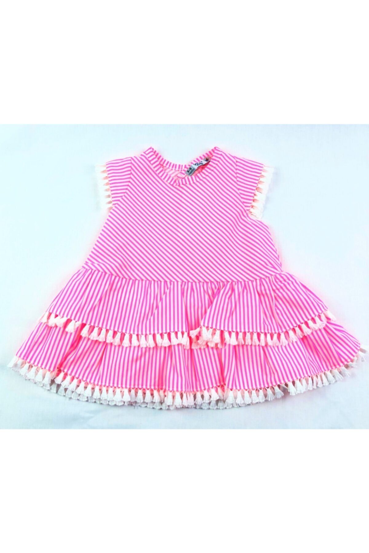 Veo Baby Kız Bebek Pembe Neon Çizgili Fırfırlı Elbise
