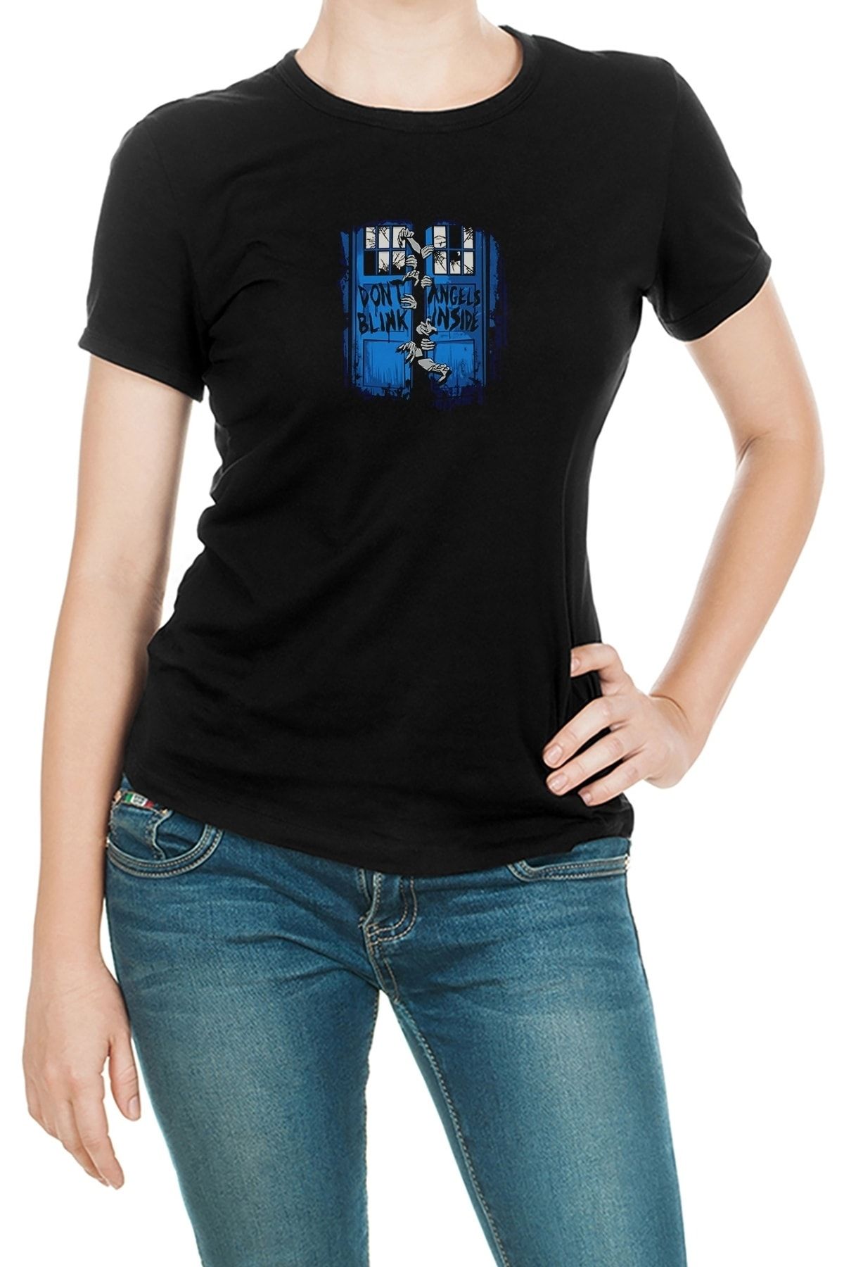 QIVI Doctor Who Fantasy Art Weeping Angels Baskılı Siyah Kadın Örme Tshirt T-shirt Tişört T Shirt