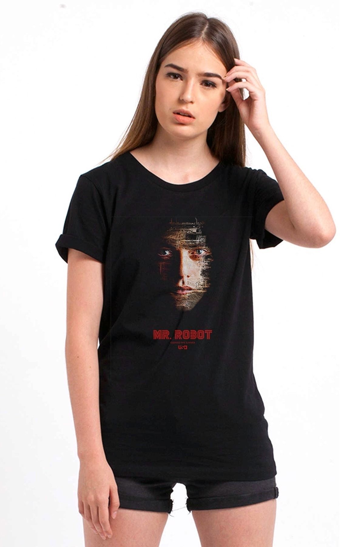 QIVI Mr Robot Baskılı Siyah Kadın Örme Tshirt T-shirt Tişört T Shirt