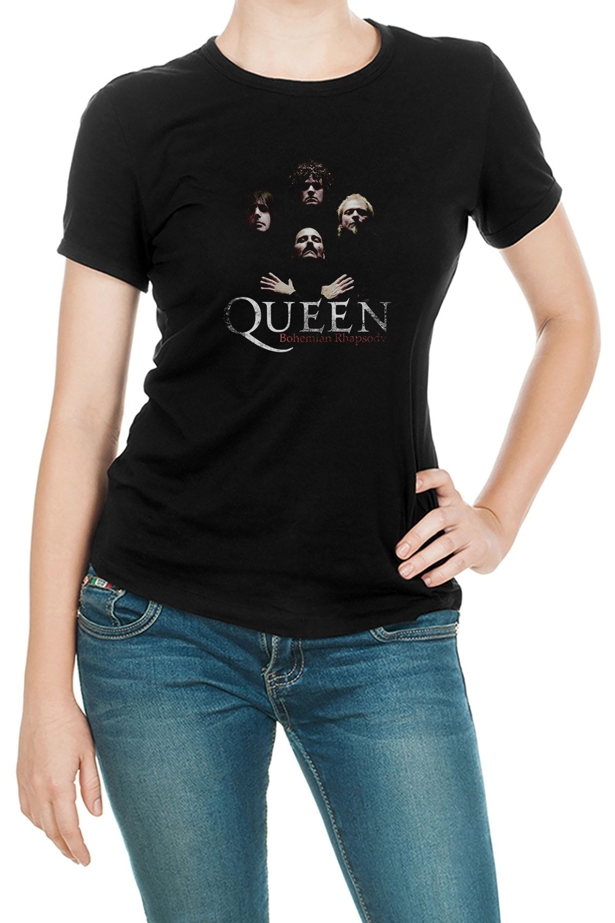 QIVI Queen Bohemian Rhapsody Baskılı Siyah Kadın Örme Tshirt