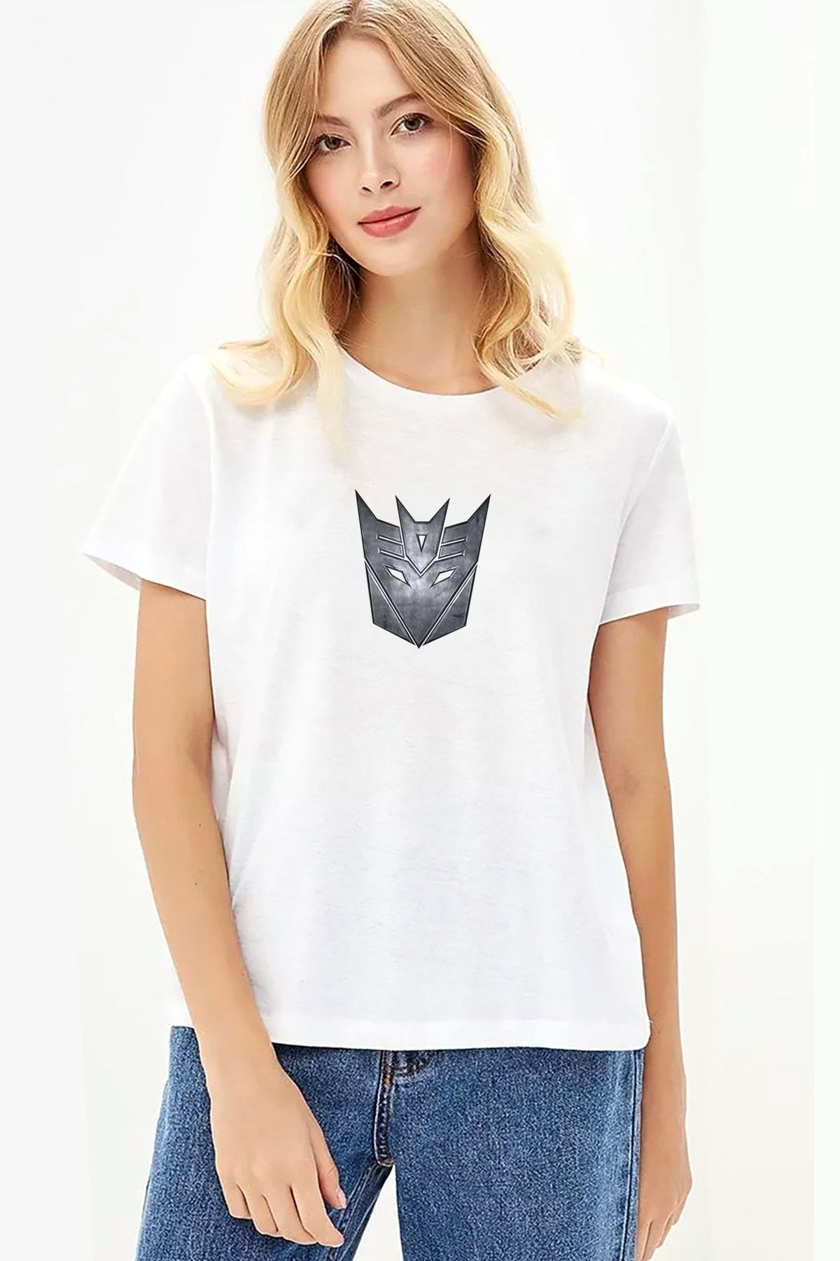 QIVI Transformers Baskılı Beyaz Kadın Örme Tshirt T-shirt Tişört T Shirt