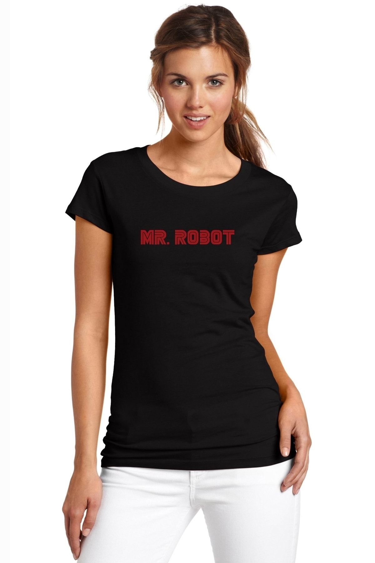 QIVI Mr Robot Baskılı Siyah Kadın Örme Tshirt