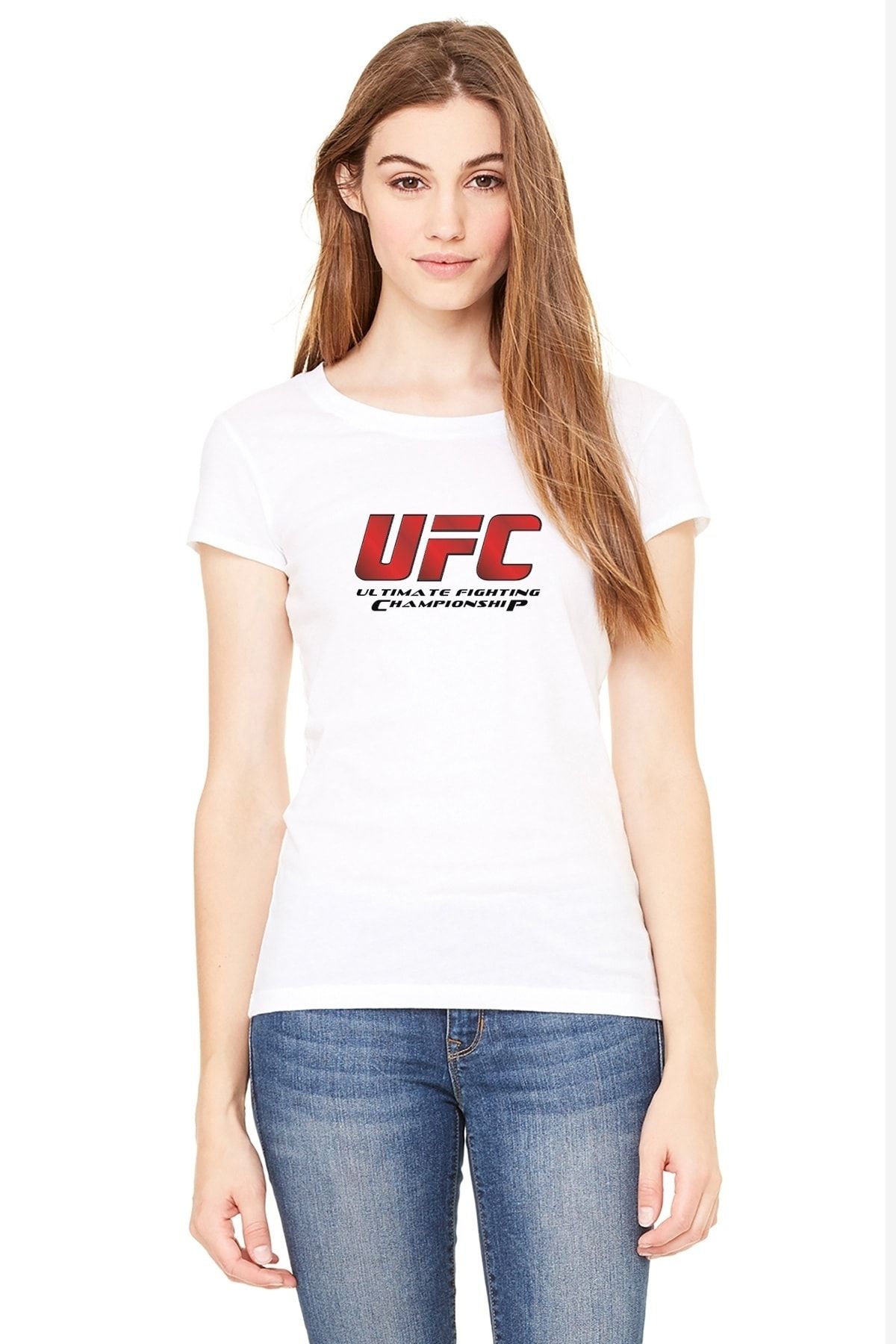 QIVI Ufc Ultimate Fighting Championship Logo Baskılı Beyaz Kadın Örme Tshirt