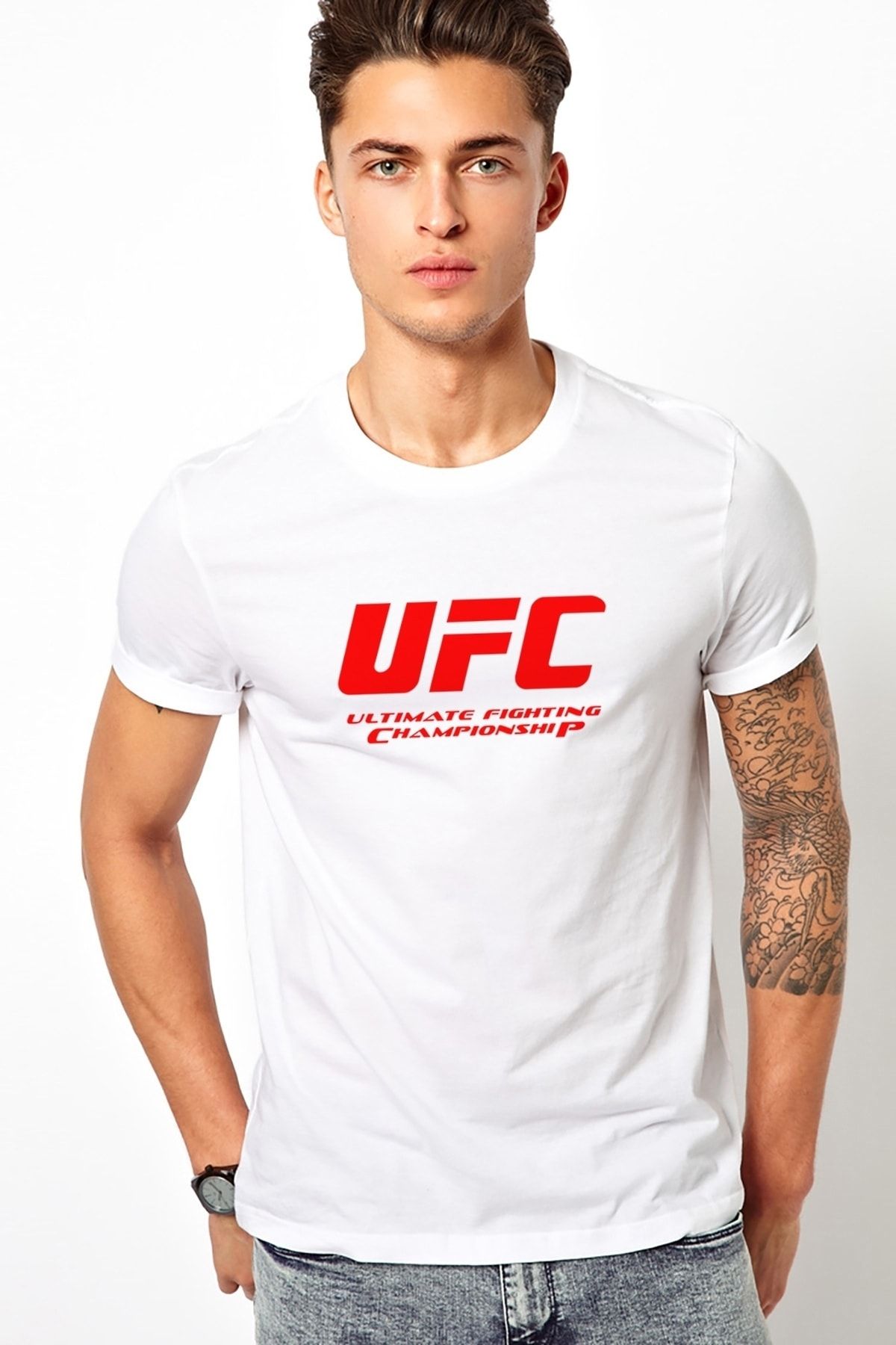 QIVI Ufc Logo Baskılı Beyaz Erkek Örme Tshirt