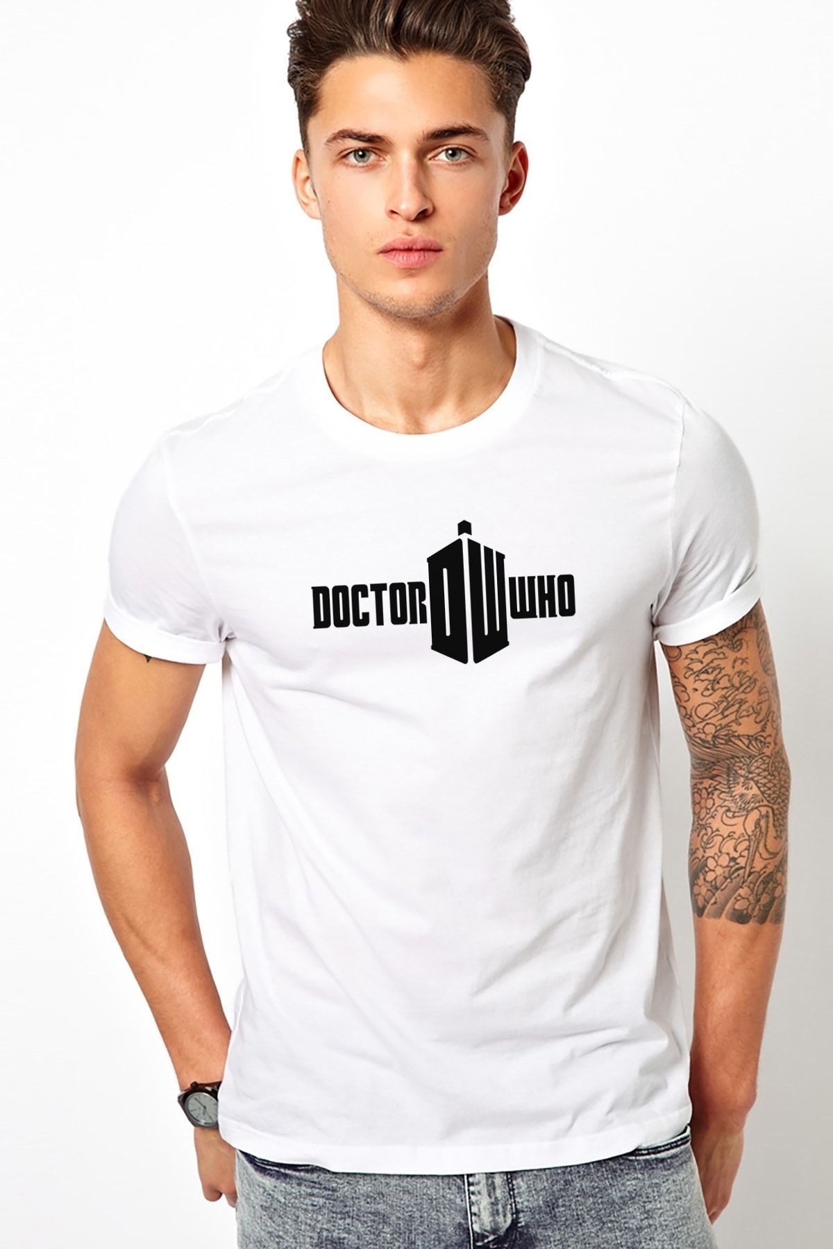 QIVI Doctor Who Logo Baskılı Beyaz Erkek Örme Tshirt T-shirt Tişört T Shirt
