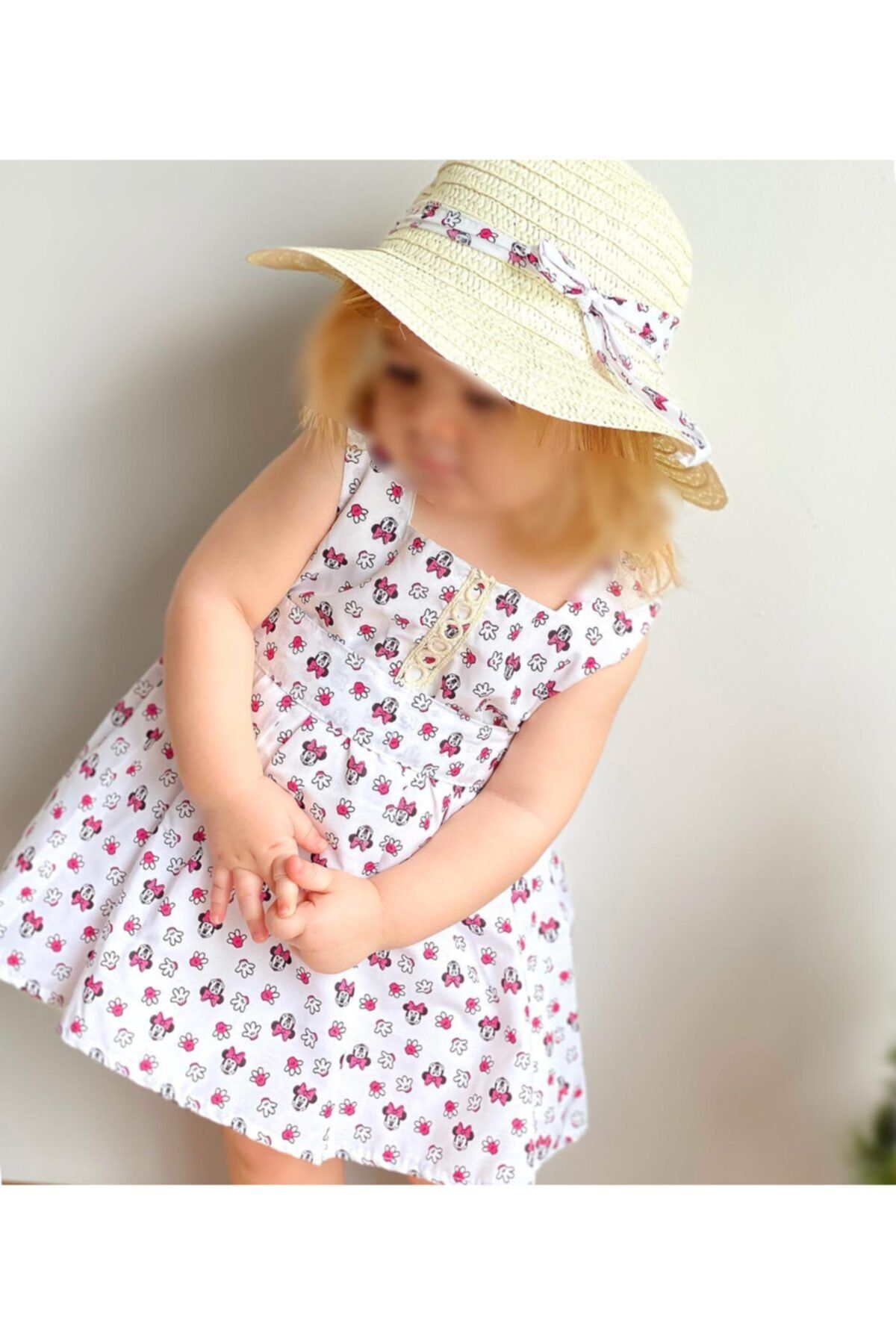 QUEEN AKSESUAR Kız Çocuk Beyaz Minnie Mouse Kabarık Yazlık Elbise Şapka Set Takım