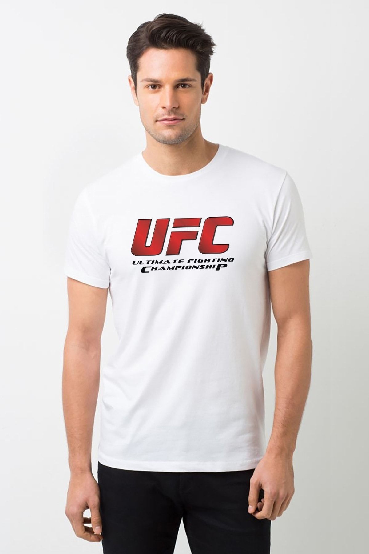 QIVI Ufc Ultimate Fighting Championship Logo Baskılı Beyaz Erkek Örme Tshirt T-shirt Tişört T Shirt