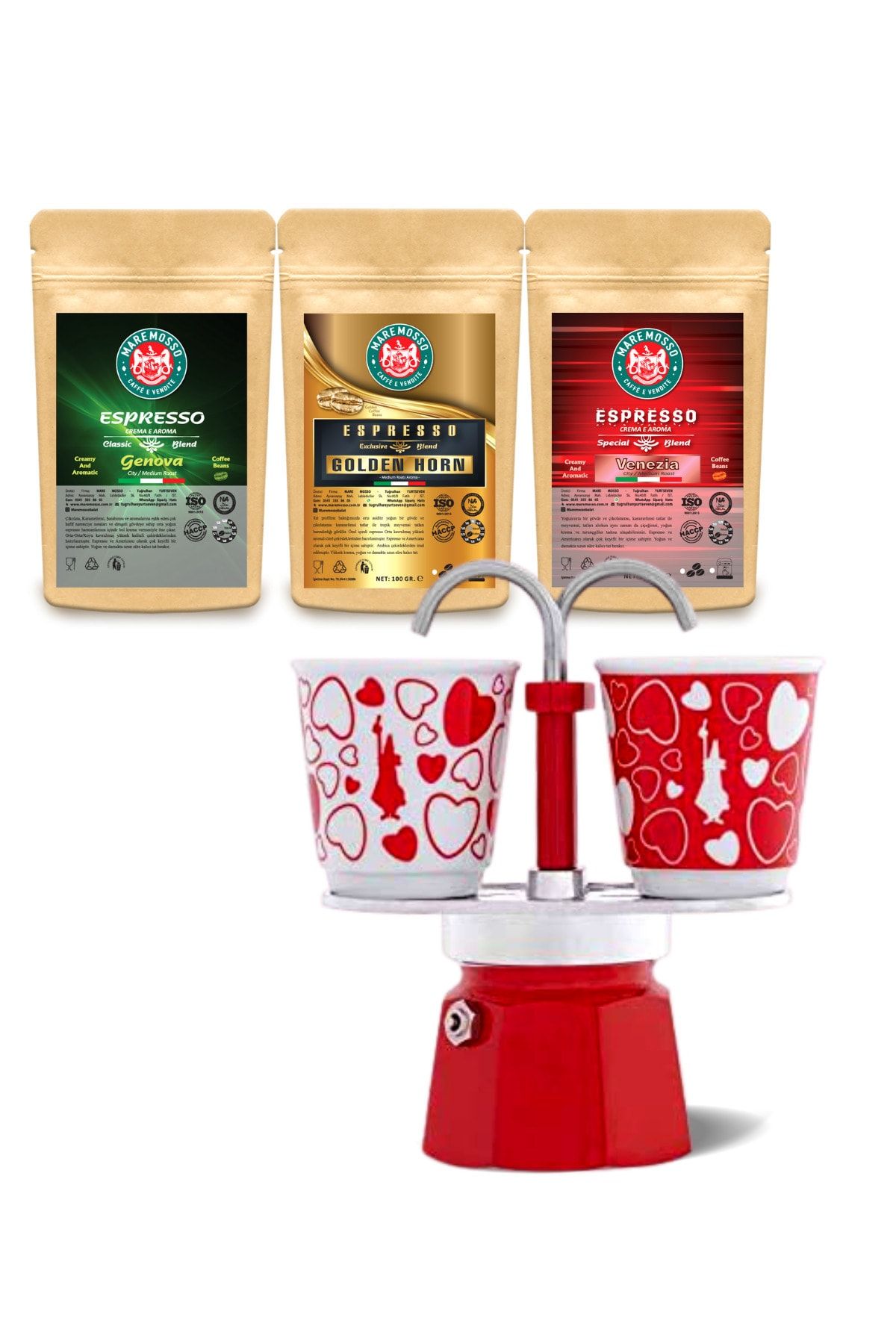 Bialetti Mini Express Set 2 Cup, 2 Espresso Bardaklı, Cuore ve 100 gr x  3 Paket Espresso Kahve
