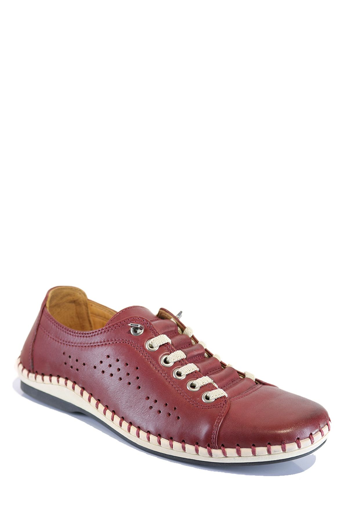 Onemarka Erkek Hakiki Deri Beyaz Bağcıklı Lazer Delikli Bordo Renkli Günlük Ayakkabı