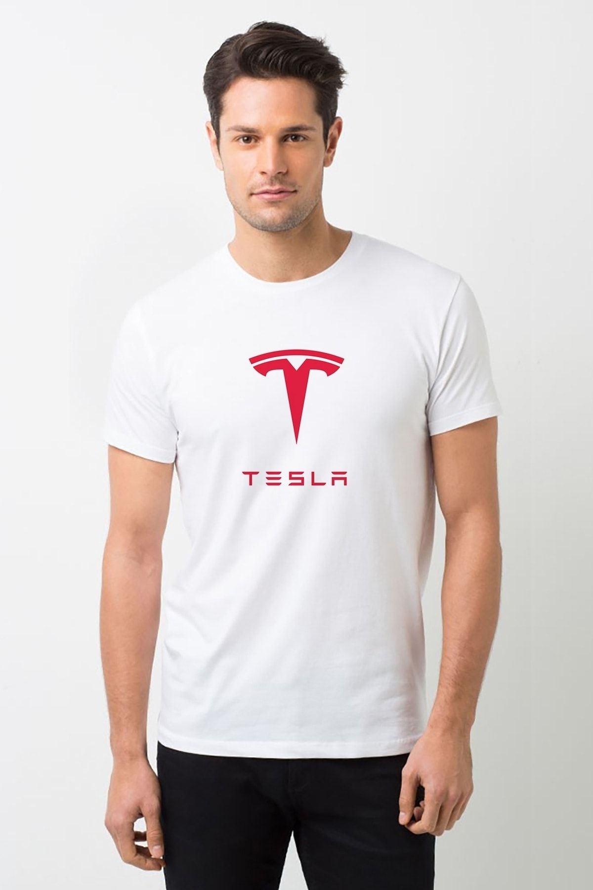 QIVI Tesla Motors Logo Baskılı Beyaz Erkek Örme Tshirt T-shirt Tişört T Shirt