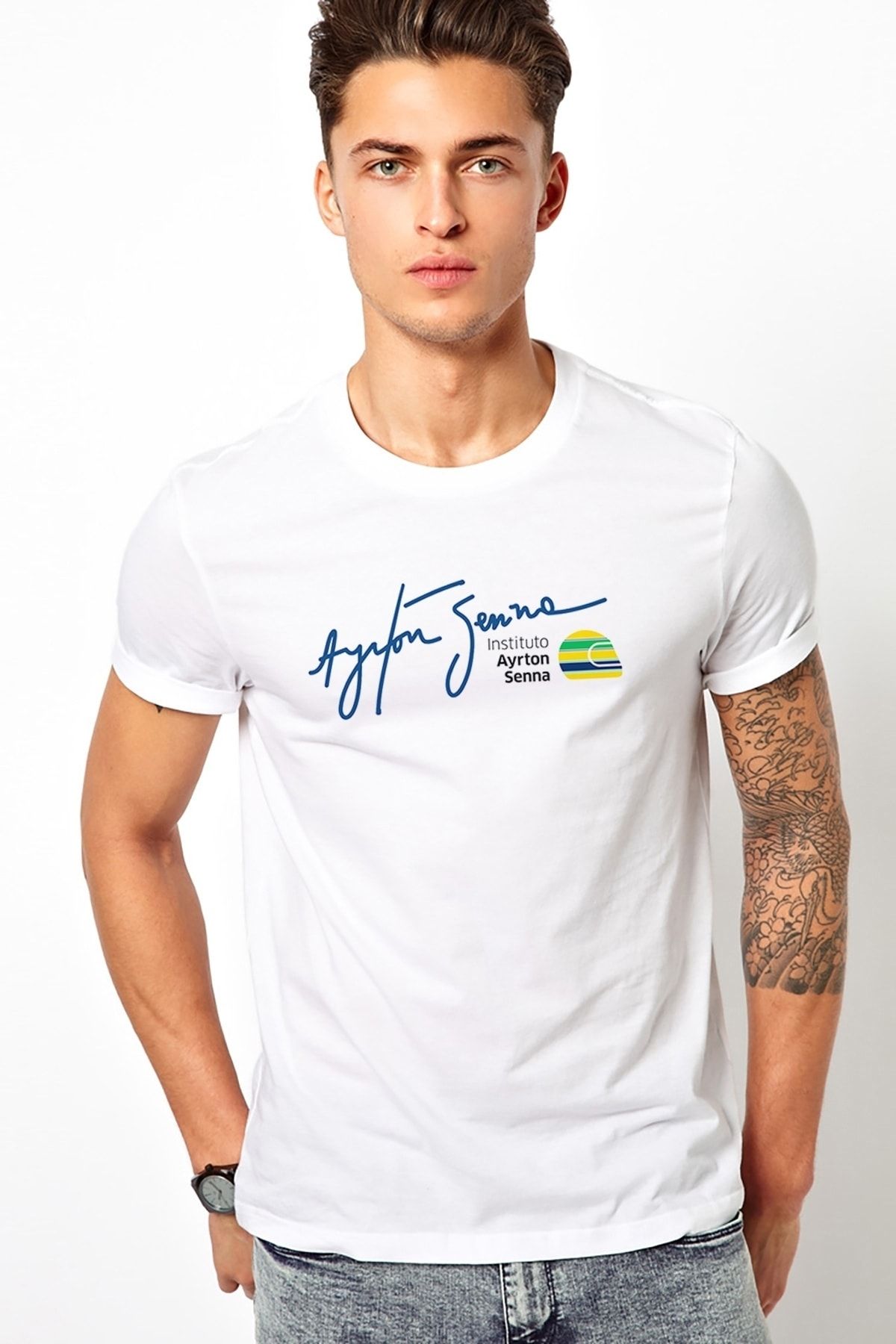 QIVI Senna Imzalı Logo Screen Shot 2018 Baskılı Beyaz Erkek Örme Tshirt