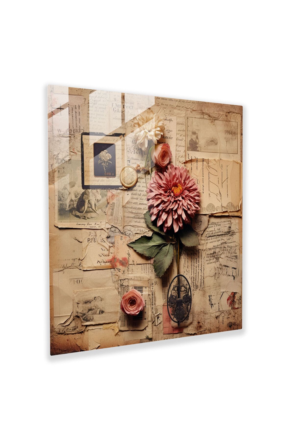 PaintedAnarchy Kuru çiçek Cam Tablo, anıların vintage kolajı, kuru çiçek, modern sanat