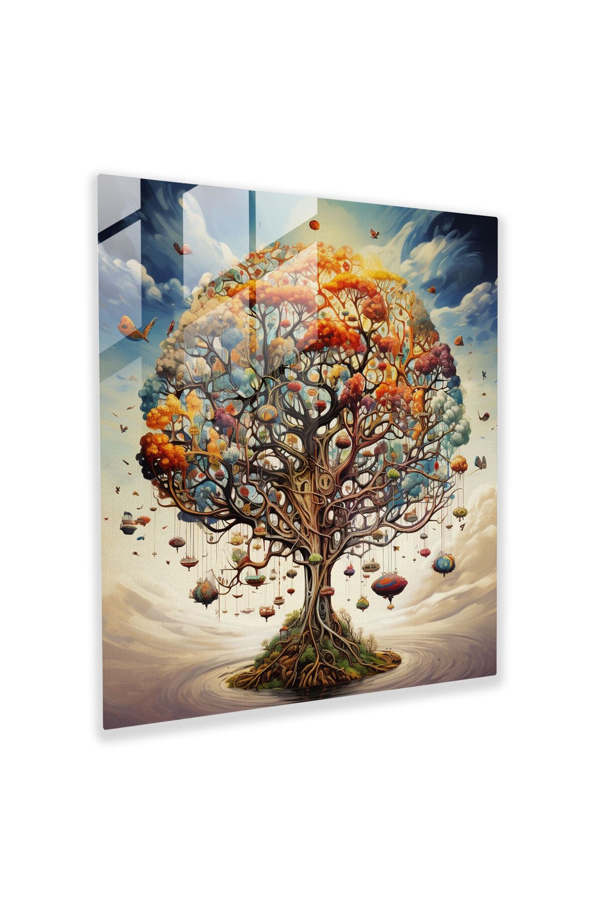 PaintedAnarchy Sürrealist gökyüzü ağacı Cam Tablo, hayat ağacı, cam sanat, sürrealist sanat eserleri