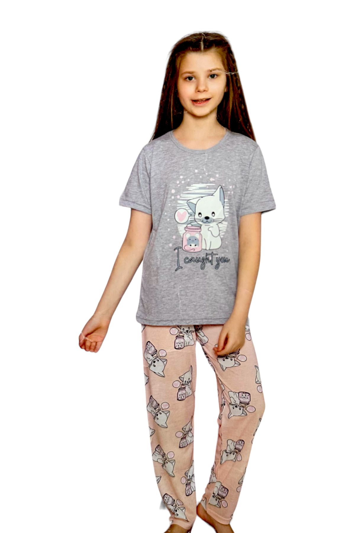 Lolliboomkids Kız Çocuk Kısa Kol Gri Melanj Pudra Renk Kedicik Kalp Baskılı Pijama Takımı 2'li Set