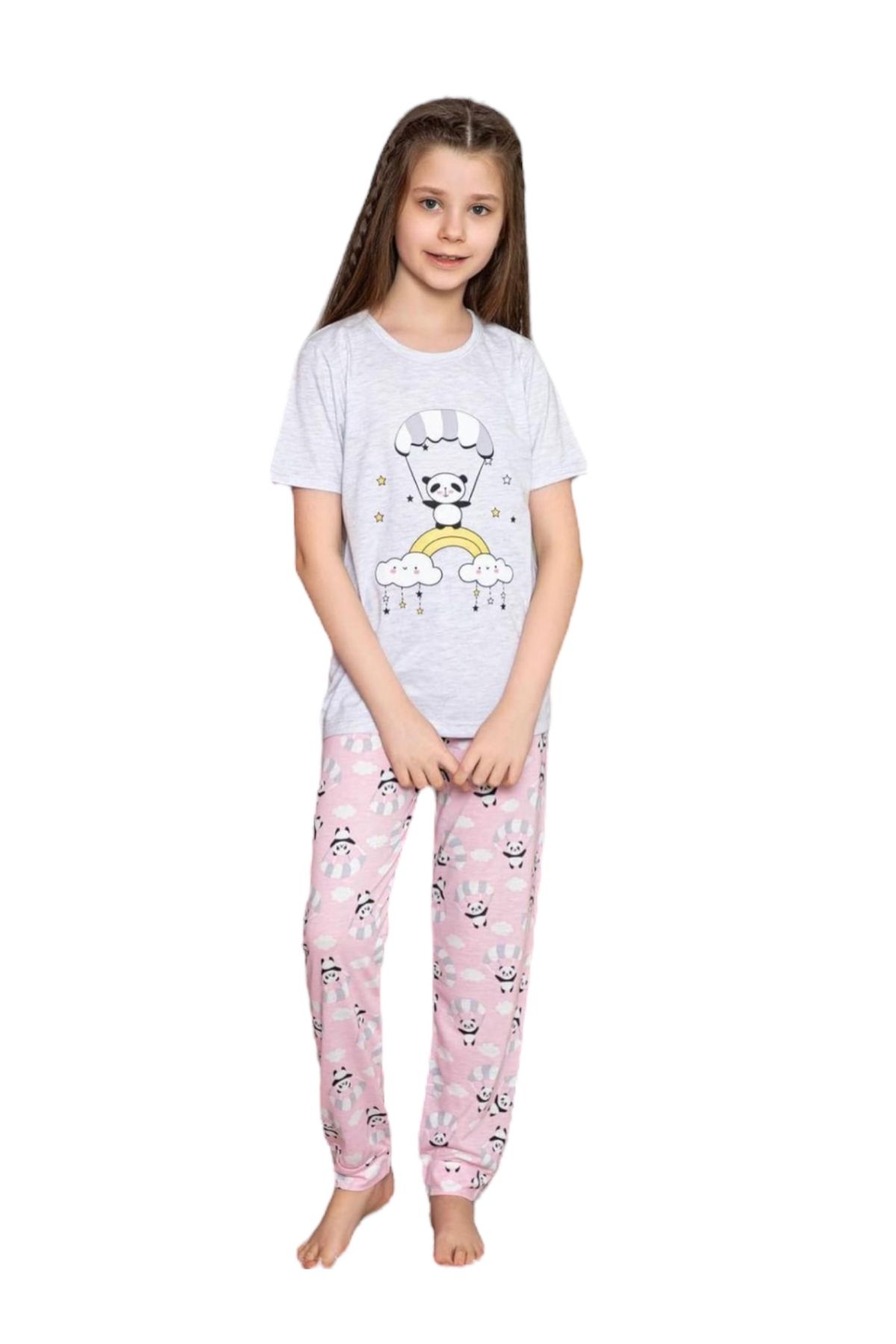 Lolliboomkids Kız Çocuk Kısa Kol Gri Melanj Pudra Renk Paraşüt Panda Baskı Desen Pijama Takımı