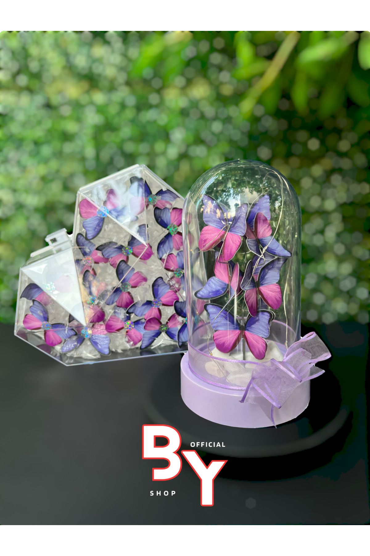 BYSHOPPİNG RGB Peri Led Işıklı Kalpli Kelebek Kutusu Ve Kelebek Fanusu Hediyelik Kalp Kutu - Işıklı Kelebekler