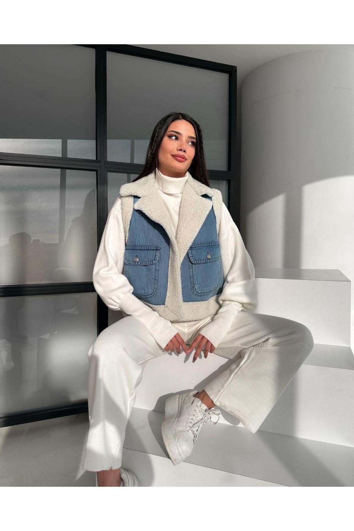 MDZ COLLECTION Kadın Mavi Krem Içi Yünlü Dışı Kot Cepli Tasarımlı Sıfır, Kısa Kol Günlük Ceket Yelek