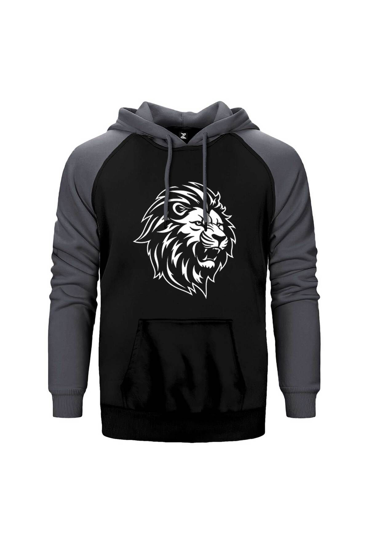 Z zepplin Black and White Lion Gri Renk Reglan Kol Kapşonlu Sweatshirt