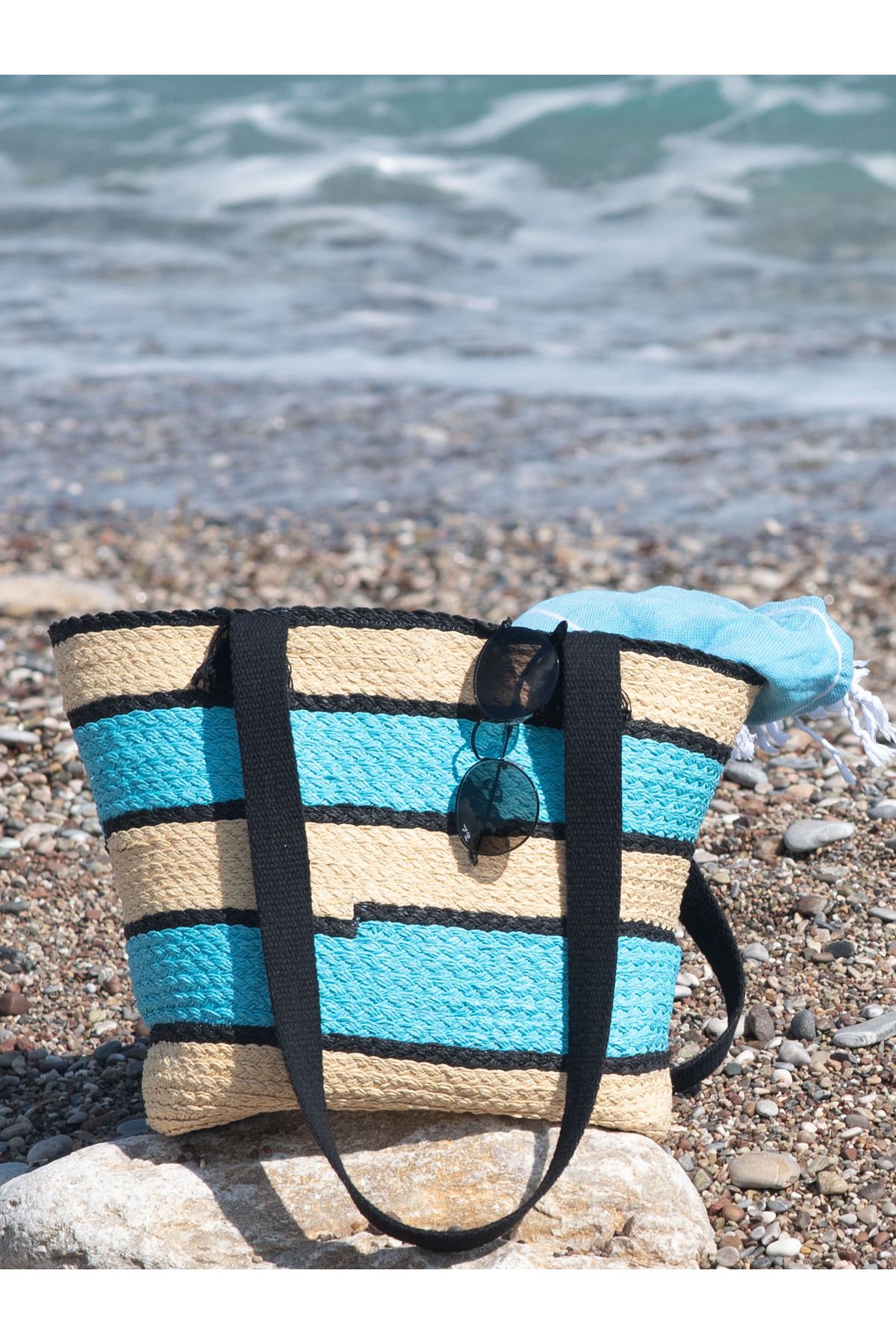 Kavshak Kadın Çok Renkli Koton Askılı Hasır Plaj Çantası