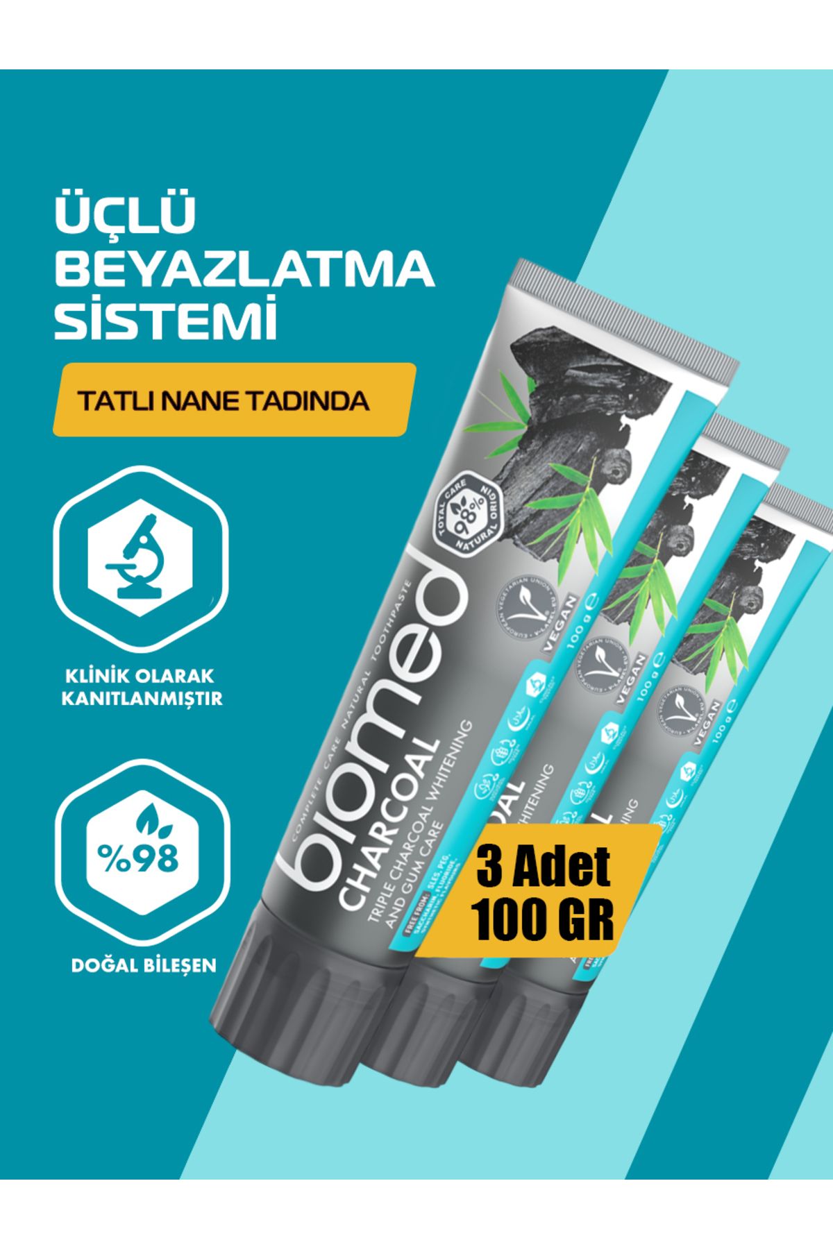 Biomed Charcoal Beyazlatıcı Kömür Diş Macunu Doğal Bitkisel Vegan Florürsüz 3 Adet