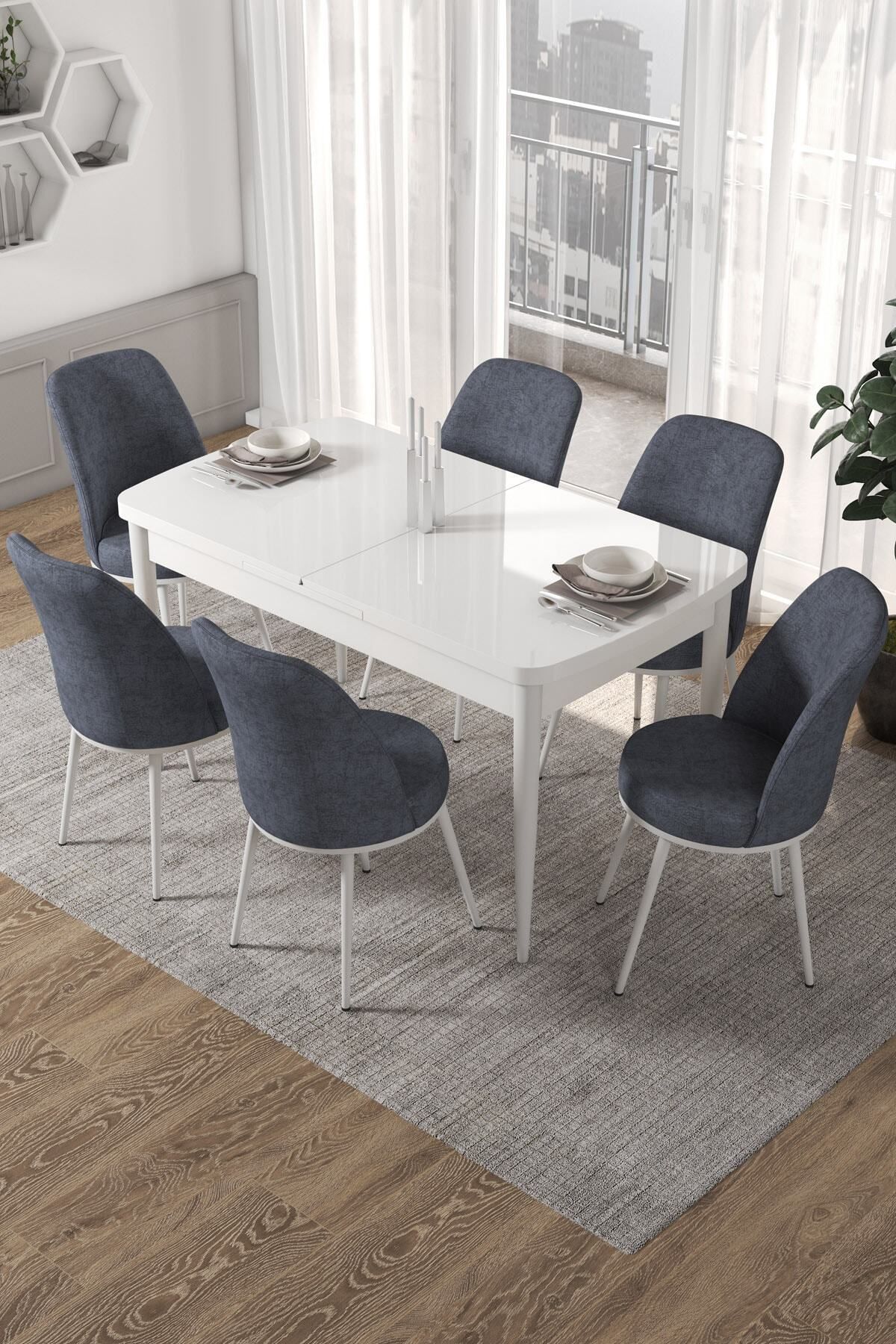 Canisa Concept Kor Serisi, 70x114 Açılabilir Beyaz Yemek Masası Takımı,6 Füme Sandalye