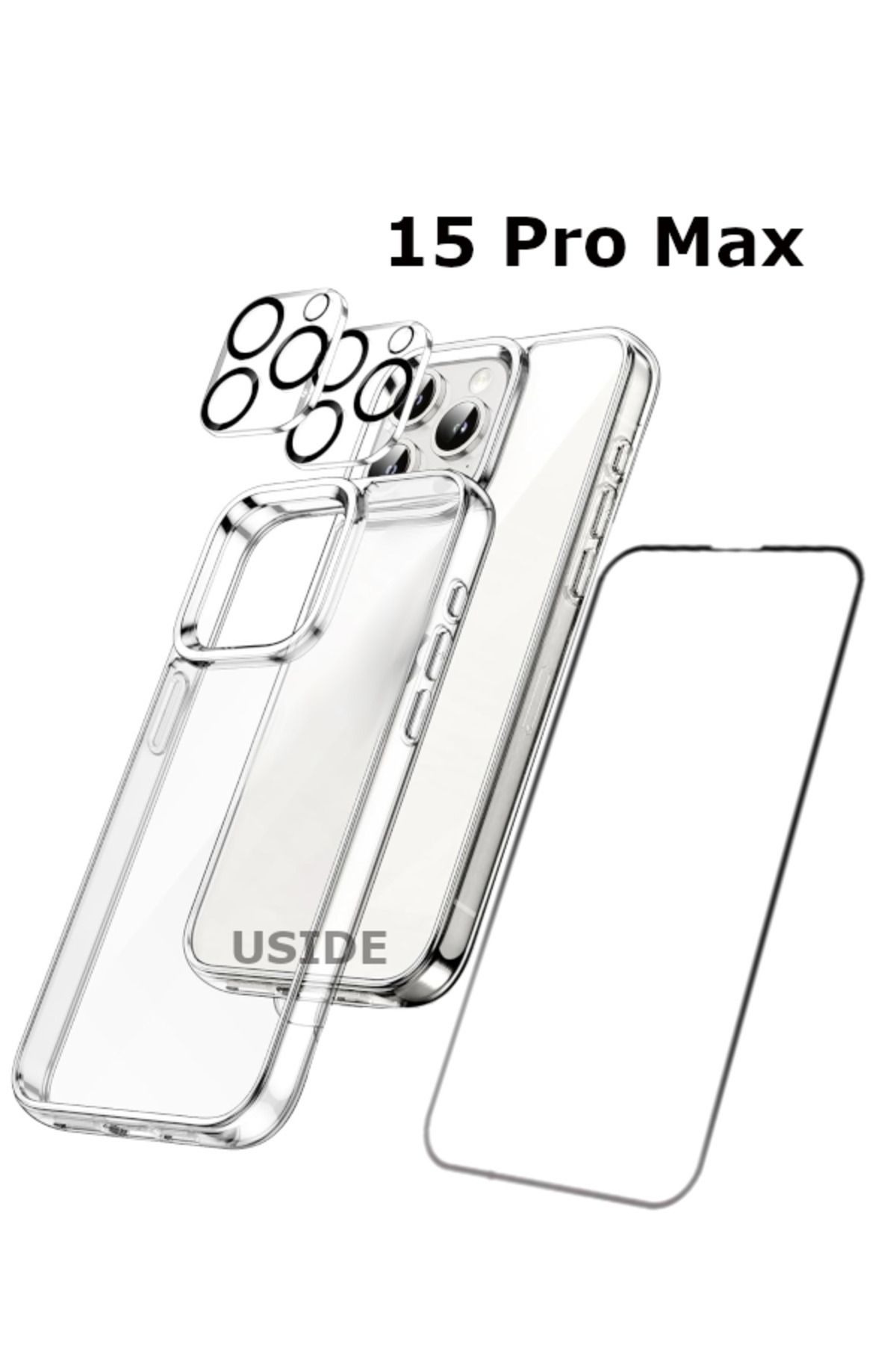 USIDE iPhone 15 Promax Uyumlu Şeffaf Kılıf+ 5D Ekran Koruyucu+ Kamera Koruyucu 360°tam Koruma 4in1 Set