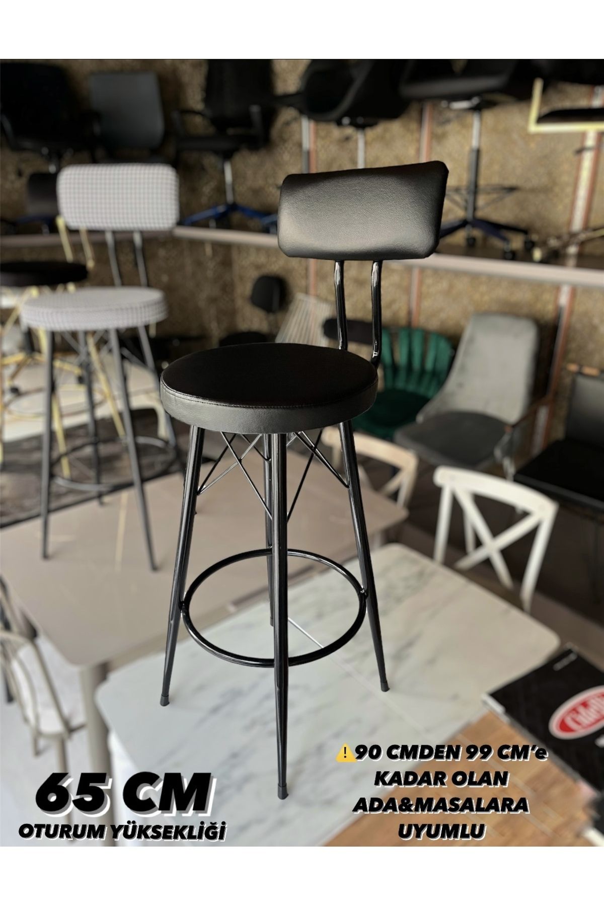 Sandalye Shop Yeni Mila Tasarım Bar Sandalyesi 65 cm Siyah Deri.90 ile 99 cm Arası Ada&Masalara Uyumlu