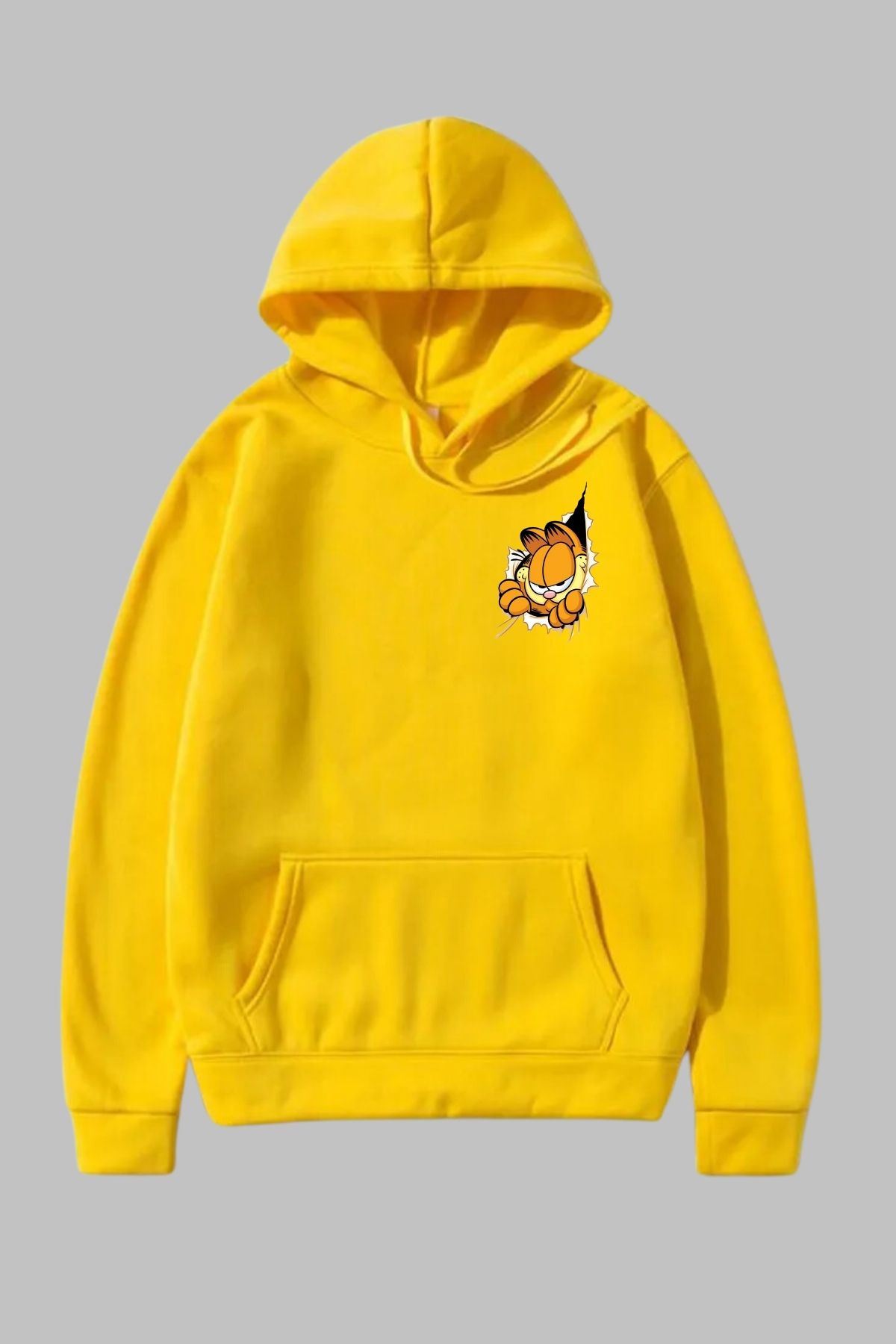 Genel Markalar Unisex Hoodie Regular Kesim Cepli Uzun Kollu Garfield Baskılı Kapüşonlu Sweatshirt Oversize Pamuk