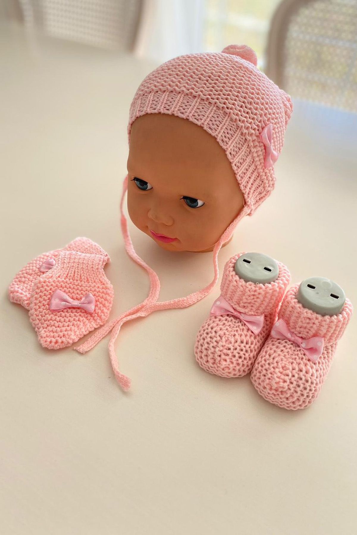 Çt Çeyizci Tekstil Bebek 3lü Patik Şapka Eldiven Takımı - Pembe