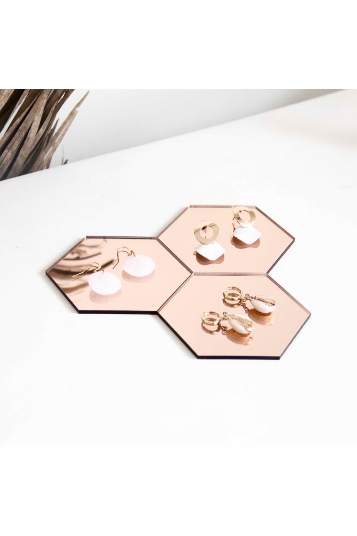 Kaya Store Hexagon 3'lü Rose Akrilik Ayna, Takı Tepsi, Ayna Akrilik Takı Altlıkları, Takı Çekim Standı