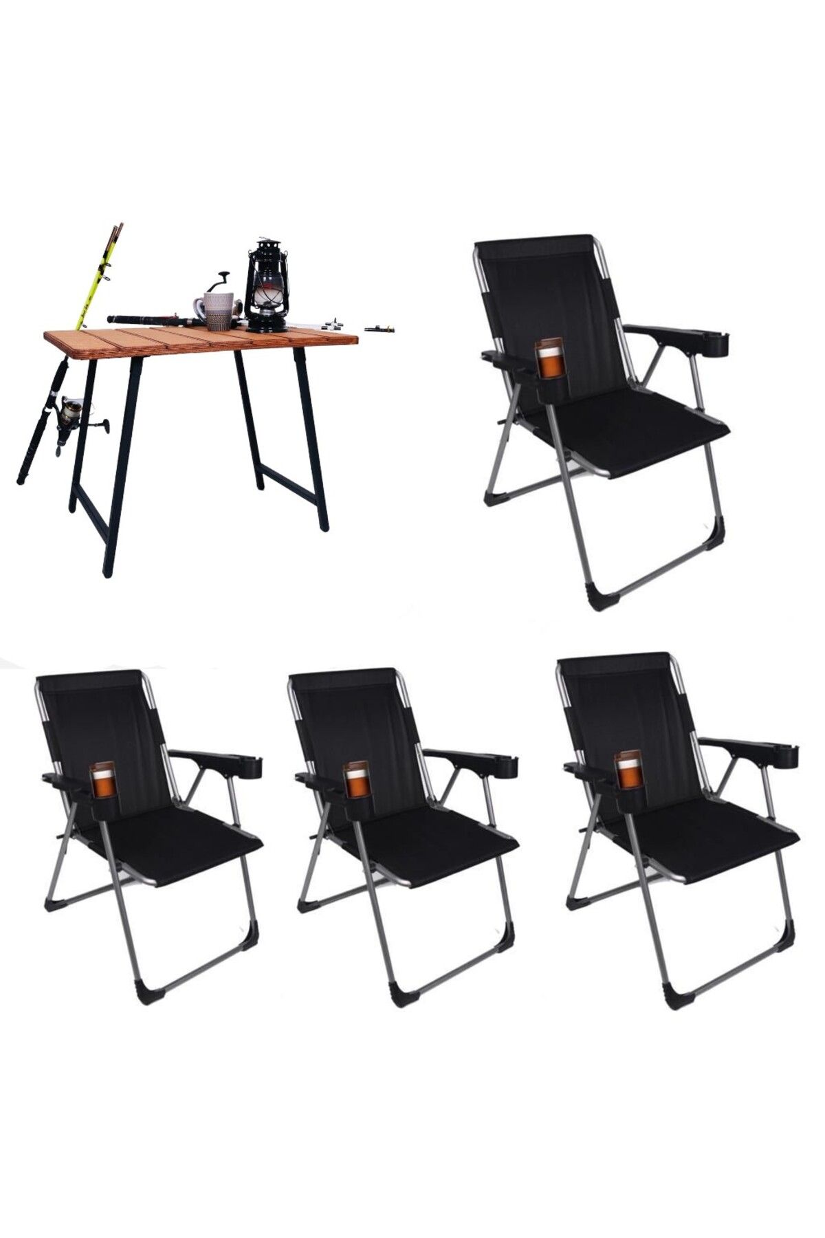 ALİN METAL Kamp Sandalyesi 4''lü Lüks Bardaklı Kamp Sandalyesi Ve Masa Set Fdr-01