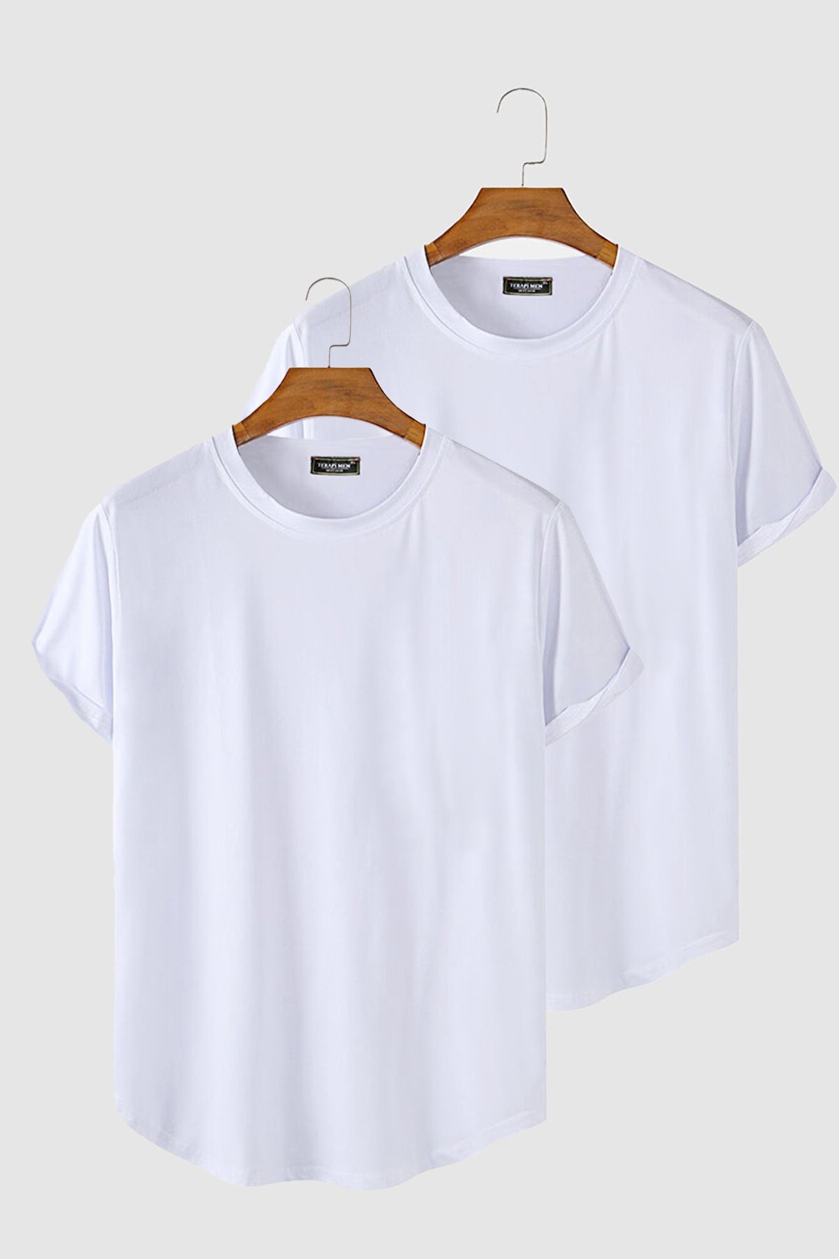 Terapi Men 2'li Erkek Beyaz Kolları Katlı Oval Kesim Cepsiz Bisiklet Yaka T-shirt