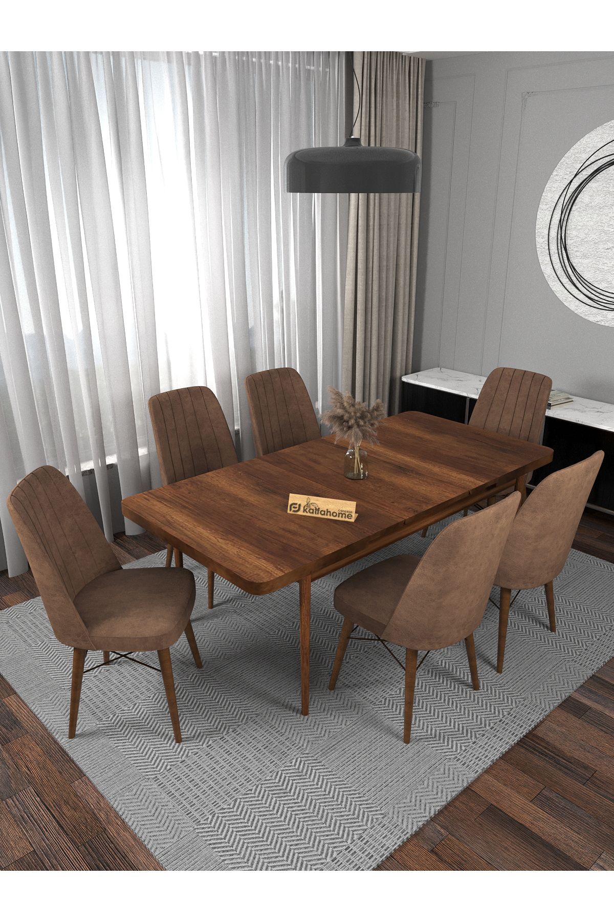 Kaffahome Riff Serisi Barok 80x130 Açılır Yemek Masası , Yemek Masa Takımı 6 Kahverengi Sandalye