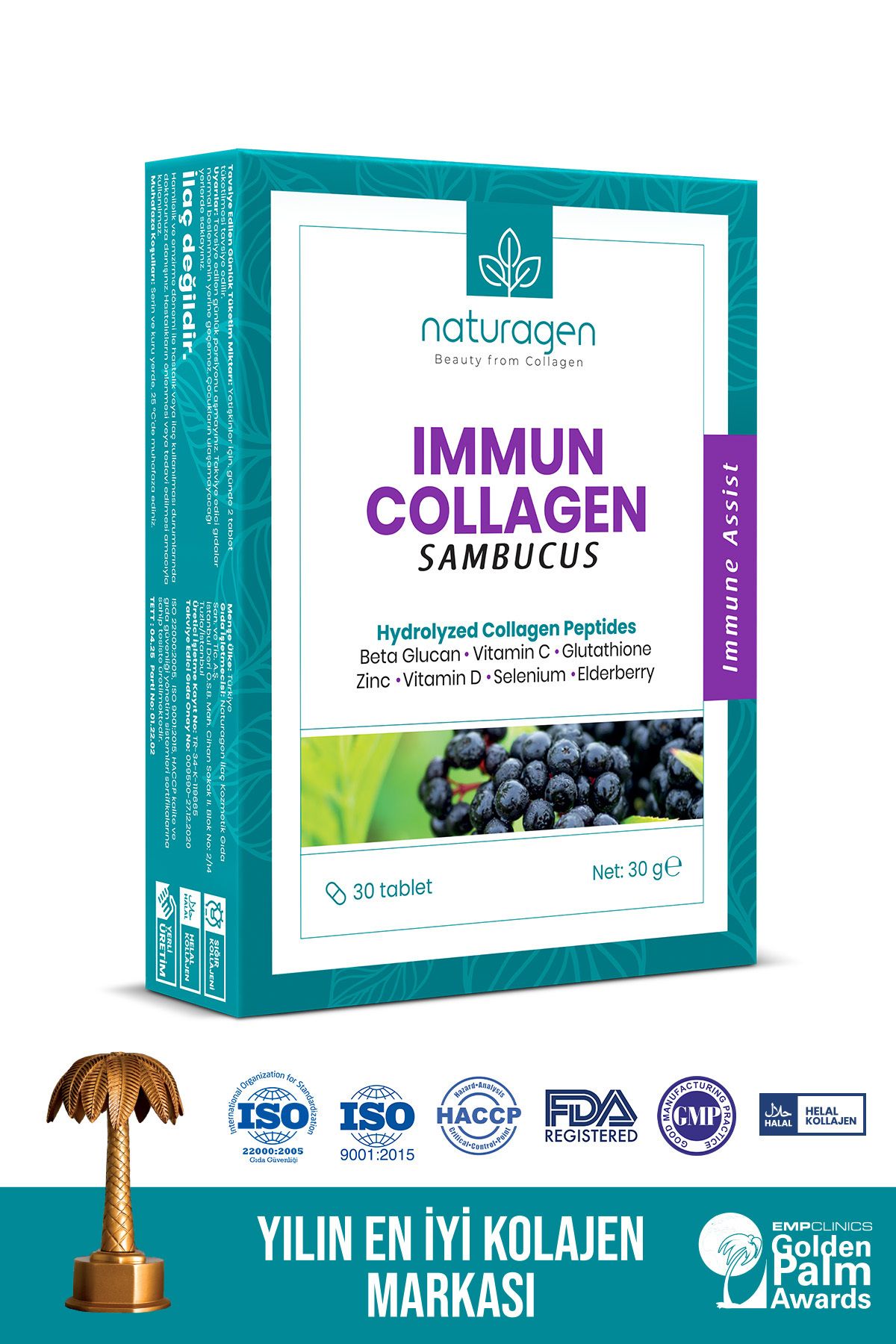 Naturagen Kolajen Immun Sambucus(KARAMÜRVER),beta Glukan,vitamin A-b6-b12-c-d-e,selenyum,çinko 30'lu Tablet