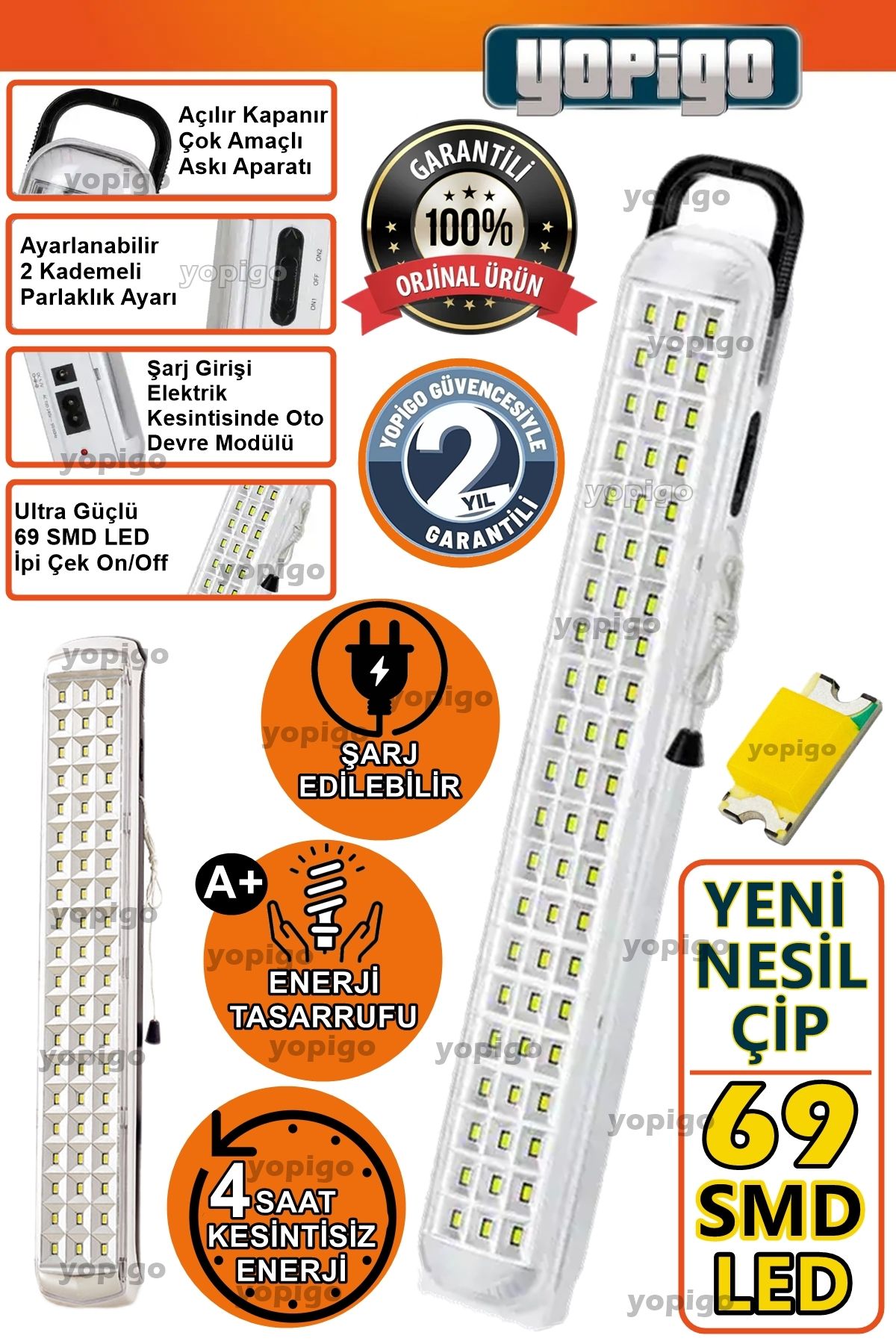 yopigo YP 69 Led Şarjlı Otomatik Işıldak 2 Kademeli Ledli Acil Aydınlatma Kafa Çadır Kamp El Feneri Lambası
