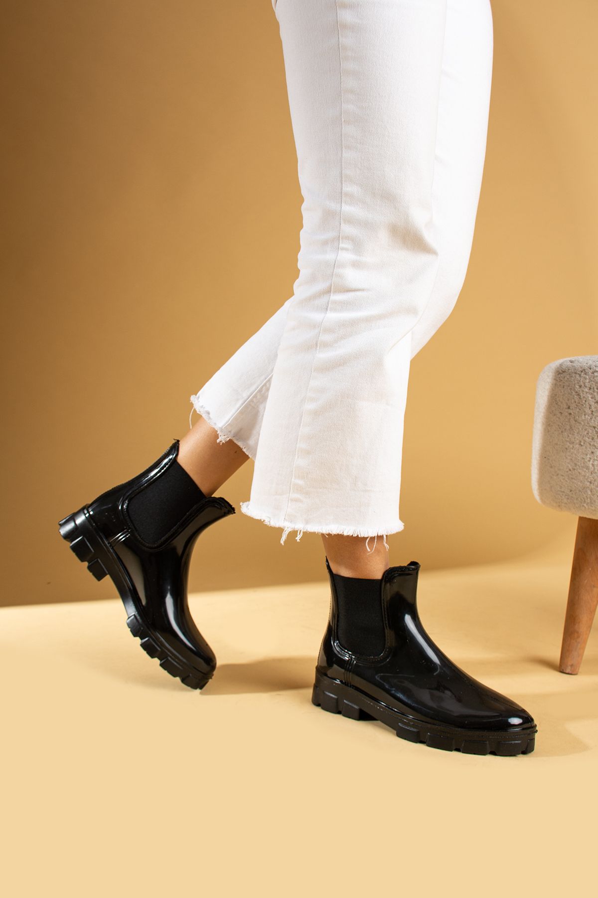 Pembe Potin Kadın Siyah Lastikli Yağmur Çizmesi Kadın Günlük Ayakkabı Kadın Su Geçirmez Yağmur Botu