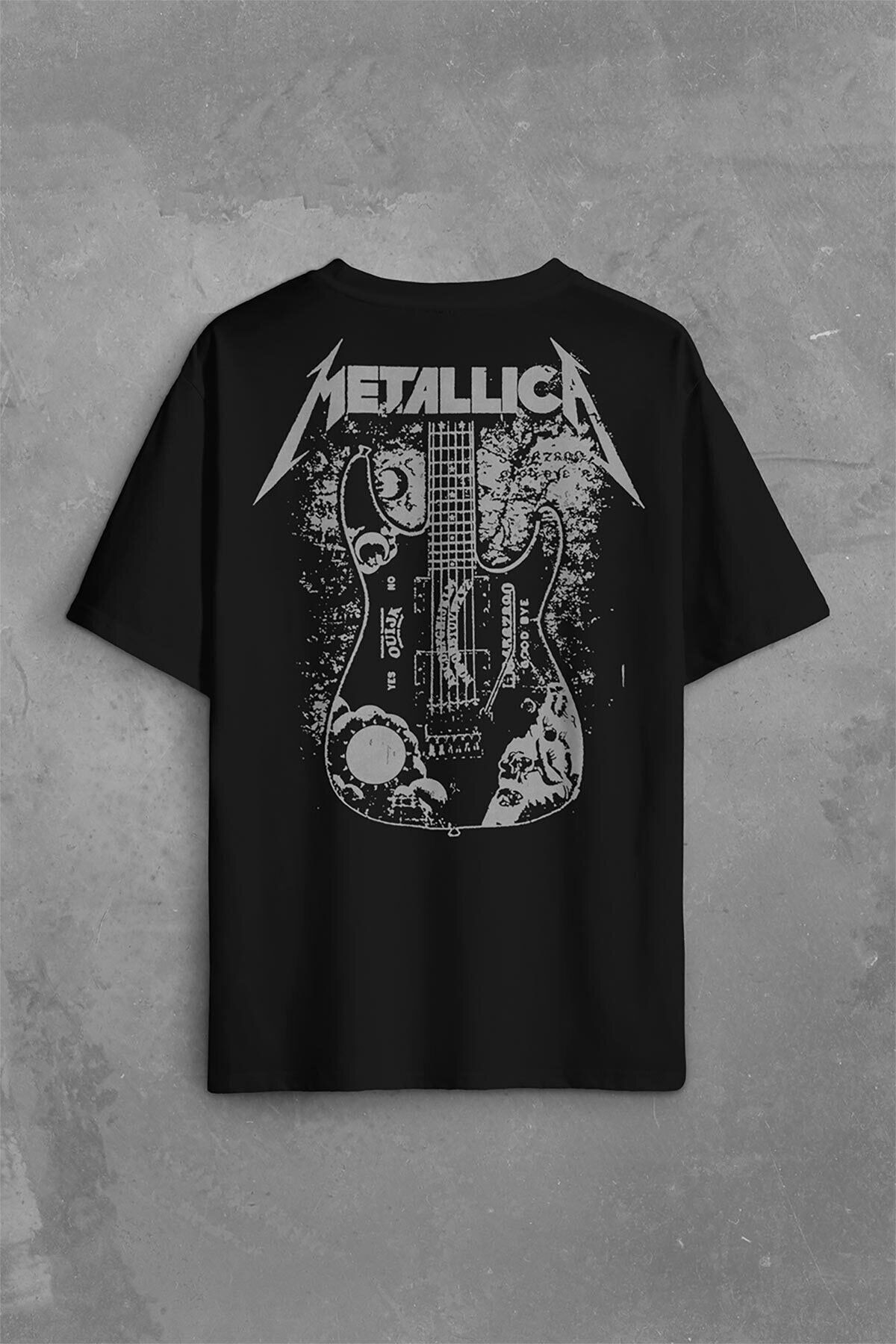 Gettotr Metallica Kirk Ouija Board Guitar Rock Gitar Sırt Ön Baskılı Oversize Tişört Unisex T-shirt