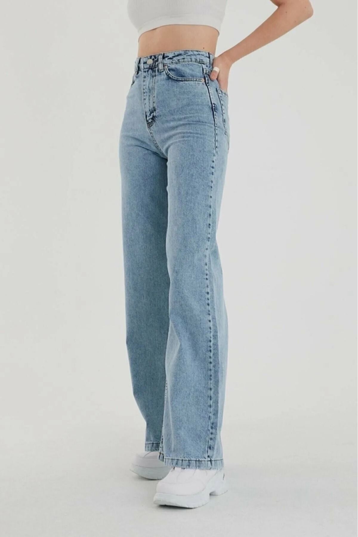 comfort jeans Kar Mavi Yüksek Bel Salaş Pantolon, Geniş Paça Pantolon, Bol Paça Pantalon Yıkamalı Palazzo Jeans